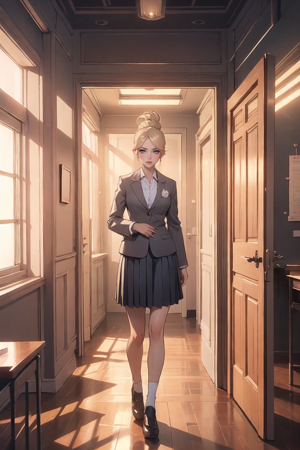 Subject(Eris Etolia. Blonde, FontBangs, Ponytail)
Theme(a inter-dimentional portal in a classroom, sci-fi)
Outfit(tailored blazer, blouse v-neck, skirt length is shortened, white socks add, sleek high heeled loafers)

ClassroomSetting(An ordinary classroom bathed in fluorescent light)
Surreal Anomaly(A shimmering tear in reality appears, pulsating with otherworldly energy)
DistortedAtmosphere(Air wavers, hinting at unseen vistas beyond comprehension)
GatewaytotheUnknown(All realize they stand before a doorway to unimaginable realms)

💡 **Additional Enhancers:** ((High-Quality)), ((Aesthetic)), ((Masterpiece)), (Intricate Details), Coherent Shape, (Stunning Illustration), [Dramatic Lightning],midjourney