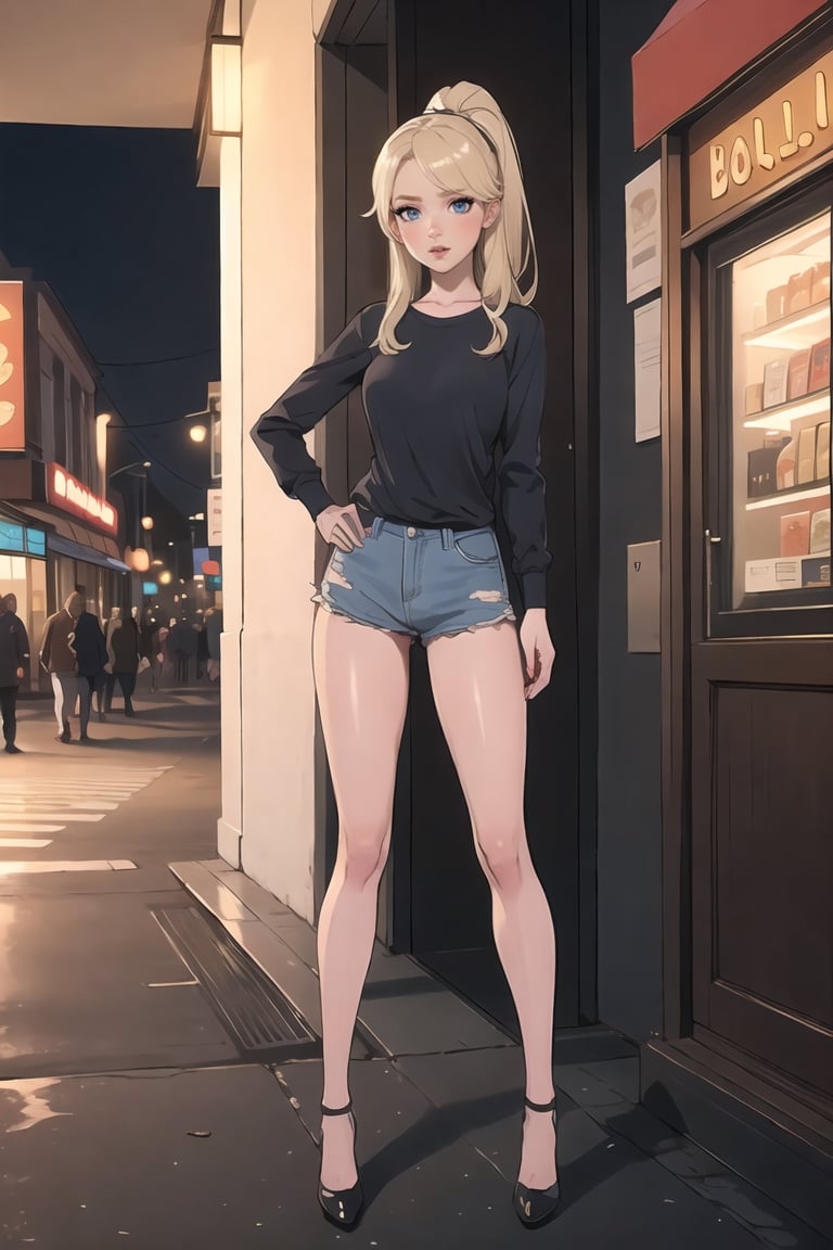 Teenager, Eris Etolia, Blonde, Ponytail, Blue Eyes, She's in front of us, with an alluring attitude; at outdoors,, city envoroment She looks like a stunning teenybopper at the mall, brat, Casual and sexy clothes for a teenager. Full Body Shoot.

💡 **Additional Enhancers:** ((High-Quality)), ((Aesthetic)), ((Masterpiece)), (Intricate Details), Coherent Shape, (Stunning Illustration), [Dramatic Lightning]