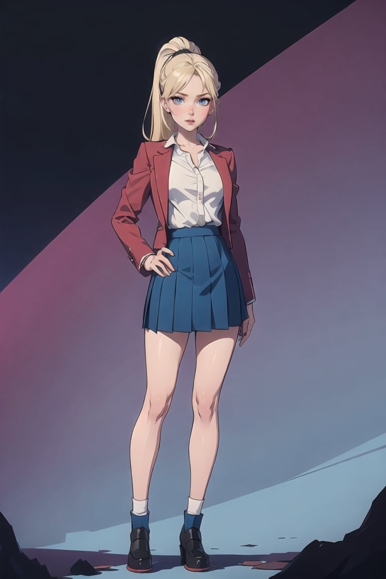 ((Teenager at High school)) Schoolar unform, high School vibes, student, Eris Etolia Queen, Fitted Blazer: Uniform skirt, V-Neck Blouse:, The knee-high socks Footwear is heeled loafers. 

🏷️【Blonde ponytail, Blue Eyes,Tall, very tall, long legs, tight legs, thing legs, narrow hips, Eris Etolia, Blonde,】
💡 **Additional Enhancers:** ((High-Quality)), ((Aesthetic)), ((Masterpiece)), (Intricate Details), Coherent Shape, (Stunning Illustration), [Dramatic Lightning],