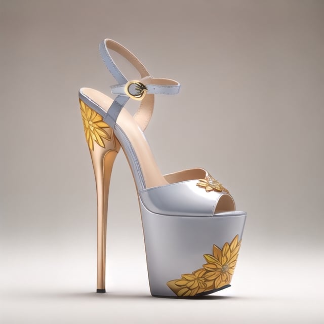 🏷️【neo-baroque_design】+【ornate_jeweled, golden_ornamental, intricated_golden_details, ornated_filigree_leaves】

Technical and formal description of a women's high-heeled platform sneaker: The image shows a women's high heel and platform sneaker with a contemporary and sophisticated design. The sneaker is made from high-end materials and features an impeccable finish.

Platform
The platform has a height of 5 centimeters, which provides a moderate height increase. The shape of the platform is rectangular with rounded edges, giving it an elegant and feminine look. The top surface of the platform is polished for a glossy and reflective finish, giving it a luxurious and sophisticated look. The bottom surface of the platform has a rough texture to provide traction and prevent slipping.

The material used for the platform is a high-density thermoplastic polymer (PTD). PTD is a tough, durable material that is easy to clean. In addition, PTD is a lightweight material, which helps make the shoe comfortable to wear.

Heel
The heel has a height of 15 centimeters, which provides a significant height increase. The shape of the heel is stiletto, which gives it a sleek and sophisticated look. The heel is made of a high quality metal alloy (AMHC). AMHC is a tough and durable material that is capable of withstanding heavy loads. In addition, AMHC is a lightweight material, which helps make the heel more comfortable to wear.

The heel features an embossed floral design, made using a high-precision embossing process. The floral design is composed of a series of stylized flowers that run the entire length of the heel. The floral design is hand-painted with metallic pigments, giving it a luxurious and sophisticated look.

Upper
The upper of the sneaker is made from a highly flexible and resilient synthetic polymer (PSFR). PSFR is a tough and durable material that is capable of withstanding heavy loads. In addition, PSFR is a lightweight material, which helps make the shoe more comfortable to wear.

The front of the shoe is open, leaving the toes exposed. The back of the shoe has a buckle closure at the ankle, allowing for a customized fit. The buckle closure is made of genuine leather, giving it a luxurious and sophisticated look.