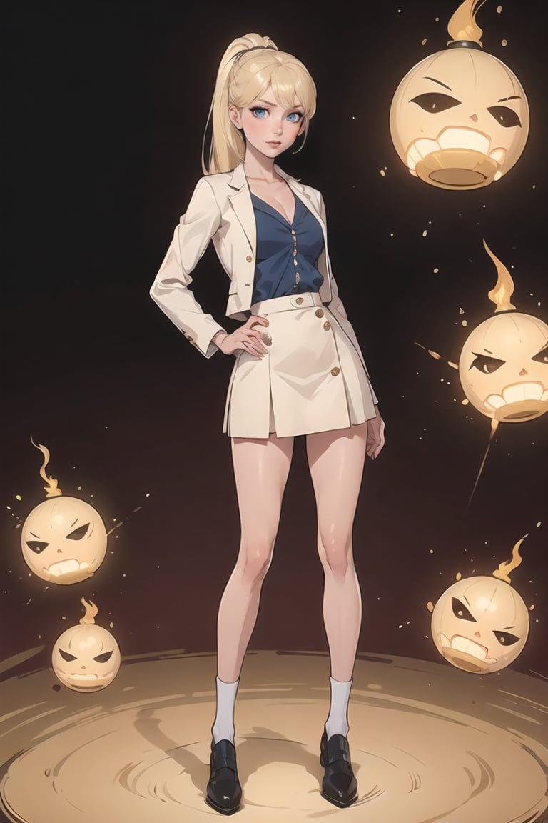 ((Teenager at High school)) Schoolar unform, high School vibes, student, Eris Etolia Queen, Fitted Blazer: Uniform skirt, V-Neck Blouse:, The knee-high socks Footwear is heeled loafers. 

🏷️【Blonde ponytail, Blue Eyes,Tall, very tall, long legs, tight legs, thing legs, narrow hips, Eris Etolia, Blonde,】
💡 **Additional Enhancers:** ((High-Quality)), ((Aesthetic)), ((Masterpiece)), (Intricate Details), Coherent Shape, (Stunning Illustration), [Dramatic Lightning],