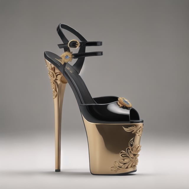 🏷️【neo-baroque_design】+【ornate_jeweled, golden_ornamental, intricated_golden_details, ornated_filigree_leaves】

Technical and formal description of a women's high-heeled platform sneaker.

The image shows a women's high heel and platform sneaker with a contemporary and sophisticated design. The sneaker is made from high-end materials and features an impeccable finish.

Platform

The platform has a height of 5 centimeters, which provides a moderate height increase. The shape of the platform is rectangular with rounded edges, giving it an elegant and feminine look. The top surface of the platform is polished for a glossy and reflective finish, giving it a luxurious and sophisticated look. The bottom surface of the platform has a rough texture to provide traction and prevent slipping.

The material used for the platform is a high-density thermoplastic polymer (PTD). PTD is a tough, durable material that is easy to clean. In addition, PTD is a lightweight material, which helps make the shoe comfortable to wear.

Heel

The heel has a height of 15 centimeters, which provides a significant height increase. The shape of the heel is stiletto, which gives it a sleek and sophisticated look. The heel is made of a high quality metal alloy (AMHC). AMHC is a tough and durable material that is capable of withstanding heavy loads. In addition, AMHC is a lightweight material, which helps make the heel more comfortable to wear.

The heel features an embossed floral design, made using a high-precision embossing process. The floral design is composed of a series of stylized flowers that run the entire length of the heel. The floral design is hand-painted with metallic pigments, giving it a luxurious and sophisticated look.

Upper

The upper of the sneaker is made from a highly flexible and resilient synthetic polymer (PSFR). PSFR is a tough and durable material that is capable of withstanding heavy loads. In addition, PSFR is a lightweight material, which helps make the shoe more comfortable to wear.

The front of the shoe is open, leaving the toes exposed. The back of the shoe has a buckle closure at the ankle, allowing for a customized fit. The buckle closure is made of genuine leather, giving it a luxurious and sophisticated look.