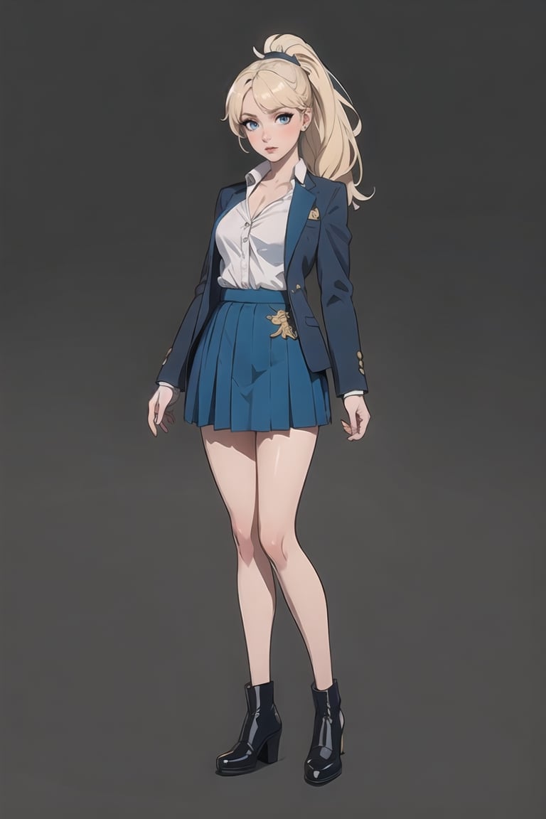 ((Teenager at High school)) Schoolar unform, high School vibes, student, Eris Etolia Queen, Fitted Blazer: Uniform skirt, V-Neck Blouse:, The knee-high socks Footwear is heeled loafers. 

(Pixiv Art), (ConceptArt) (SimpleBackground) (Monocolor)

🏷️【Blonde ponytail, Blue Eyes,Tall, very tall, long legs, tight legs, thing legs, narrow hips, Eris Etolia, Blonde,】
💡 **Additional Enhancers:** ((High-Quality)), ((Aesthetic)), ((Masterpiece)), (Intricate Details), Coherent Shape, (Stunning Illustration), [Dramatic Lightning],