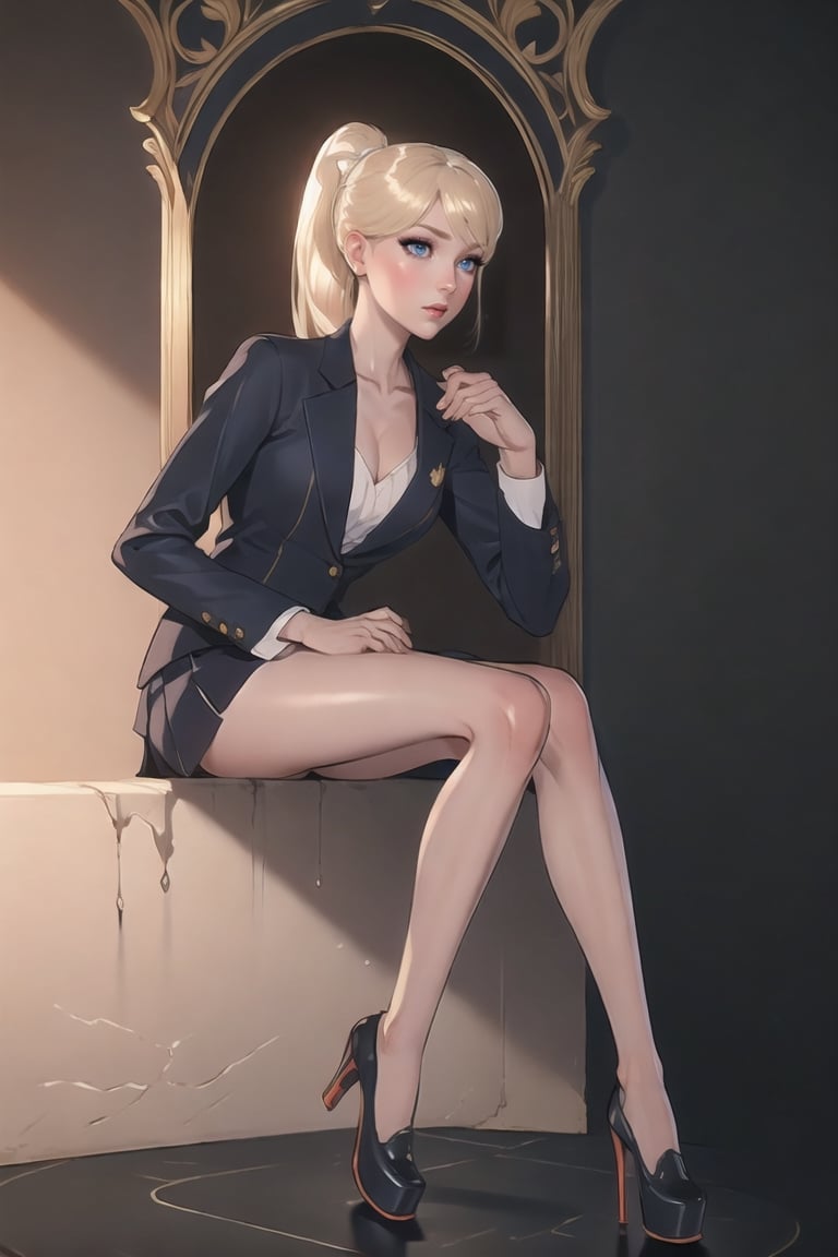 Eris Etolia, She's wearing Platform High Heels ((Blonde brat, single ponytail,)) ((Teenager)) ((High school Girl)) ((((skinny)))) ((Schoolar unform)) ((SFW)), She’s student called Eris Etolia a ((princess)),  Fitted Blazer: Tailored blazers with a more fitted silhouette, emphasizing the waistline and creating an hourglass figure. Shortened Skirt Length (tights): Uniform skirts modified to be shorter, accentuating the legs and drawing attention to the wearer's lower body.
 V-Neck Blouse: Blouses with a V-neck design to highlight the neckline and draw attention to the chest área (SFW).
Footwear is heeled loafers, overall enhanced aesthetic, heeled loafers.

🏷️【Elegant, Blonde ponytail, Blue Eyes,Tall, very tall, long legs, tight legs, thing legs, narrow hips, Masterpiece, Gothic Art, Eyeliner, Blonde, 】
💡 **Additional Enhancers:** ((High-Quality)), (Professional Painting), ((Aesthetic)), ((Masterpiece)), (Intricate Details), Real Shadows, Perfect Face, Coherent Shape, (Stunning Illustration), [Dramatic Lightning] , sophisticated_style, skinny brat, ((perfect, hand , fingers)),

The architecture of this fantastical place is a seamless blend of delicate transparency and the structural beauty of crystals. The buildings appear to be sculpted from crystal-clear materials, allowing the interplay of light to create mesmerizing patterns that dance across the floors and walls.

The pathways beneath your feet are made of glass that seems to shimmer like liquid sunlight, and as you walk, you can glimpse the intricate network of roots and crystals below the surface. The air is filled with a sense of magic and wonder, as if every breath you take is infused with the energy of the crystals that surround you.,Platform High Heels,Thick Platforms