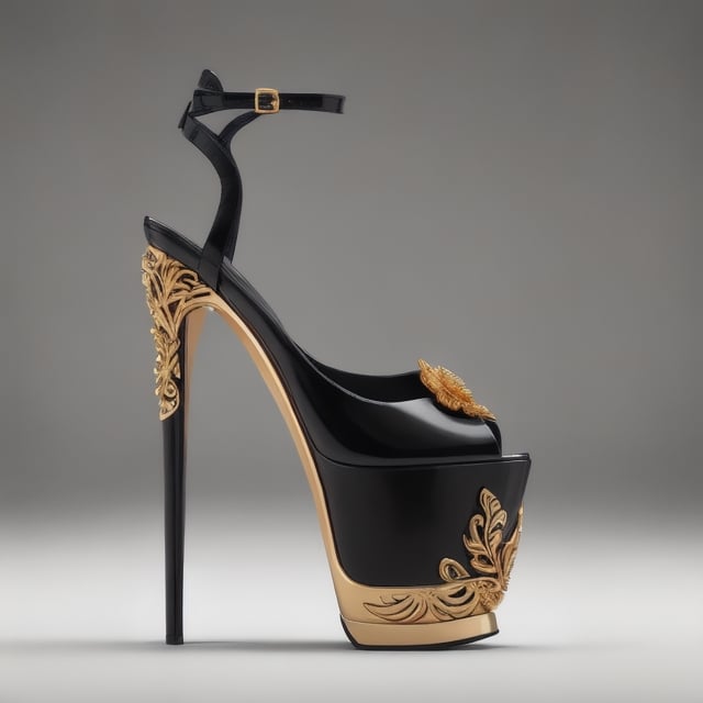 🏷️【neo-baroque_design】+【ornate_jeweled, golden_ornamental, intricated_golden_details, ornated_filigree_leaves】

Technical and formal description of a women's high-heeled platform sneaker.

The image shows a women's high heel and platform sneaker with a contemporary and sophisticated design. The sneaker is made from high-end materials and features an impeccable finish.

Platform

The platform has a height of 5 centimeters, which provides a moderate height increase. The shape of the platform is rectangular with rounded edges, giving it an elegant and feminine look. The top surface of the platform is polished for a glossy and reflective finish, giving it a luxurious and sophisticated look. The bottom surface of the platform has a rough texture to provide traction and prevent slipping.

The material used for the platform is a high-density thermoplastic polymer (PTD). PTD is a tough, durable material that is easy to clean. In addition, PTD is a lightweight material, which helps make the shoe comfortable to wear.

Heel

The heel has a height of 15 centimeters, which provides a significant height increase. The shape of the heel is stiletto, which gives it a sleek and sophisticated look. The heel is made of a high quality metal alloy (AMHC). AMHC is a tough and durable material that is capable of withstanding heavy loads. In addition, AMHC is a lightweight material, which helps make the heel more comfortable to wear.

The heel features an embossed floral design, made using a high-precision embossing process. The floral design is composed of a series of stylized flowers that run the entire length of the heel. The floral design is hand-painted with metallic pigments, giving it a luxurious and sophisticated look.

Upper

The upper of the sneaker is made from a highly flexible and resilient synthetic polymer (PSFR). PSFR is a tough and durable material that is capable of withstanding heavy loads. In addition, PSFR is a lightweight material, which helps make the shoe more comfortable to wear.

The front of the shoe is open, leaving the toes exposed. The back of the shoe has a buckle closure at the ankle, allowing for a customized fit. The buckle closure is made of genuine leather, giving it a luxurious and sophisticated look.