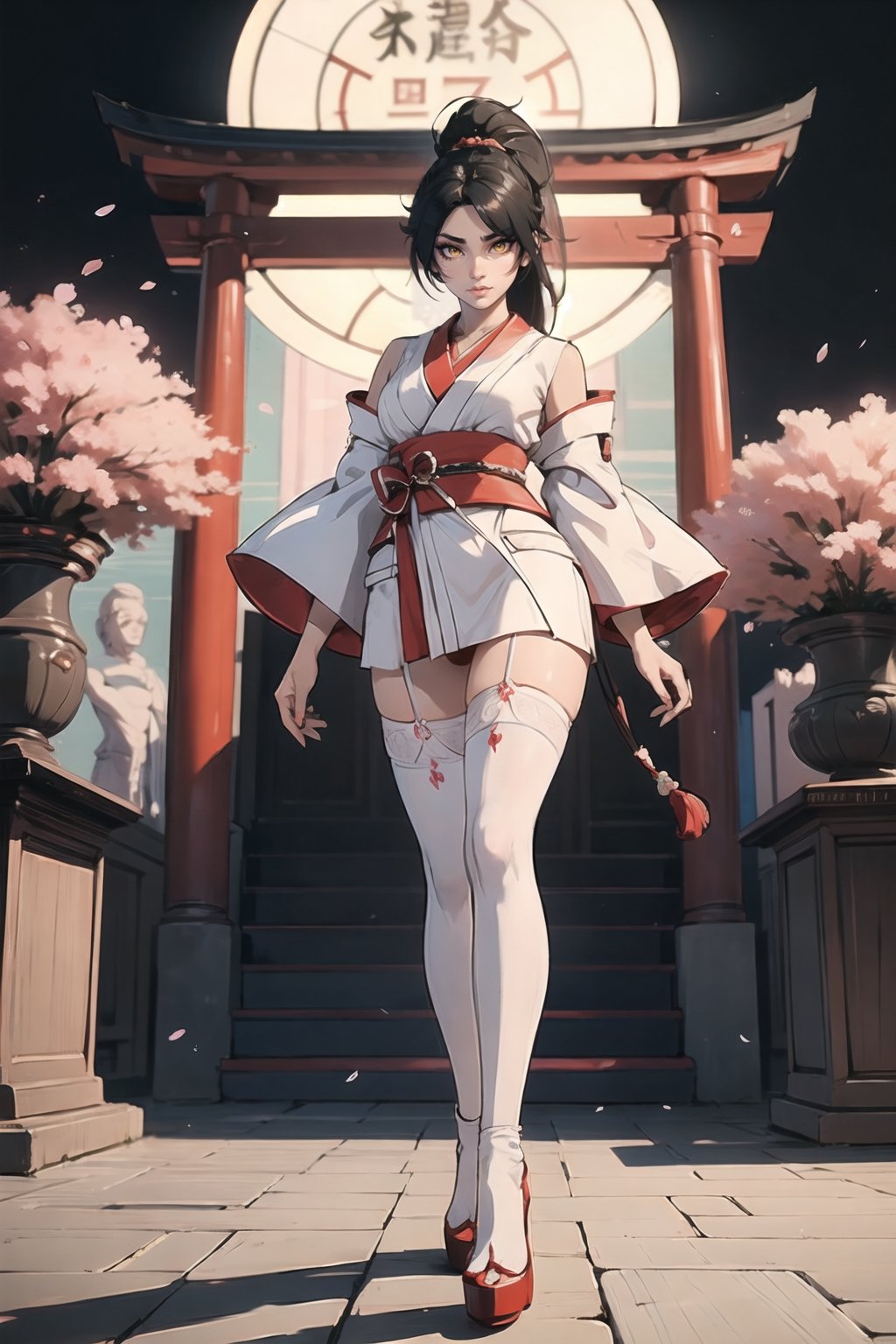 DOAMomiji(Black Hair, Long Ponytail, Hazel Eyes).

(Sensual Art) (Traditional Yet Modern) (Shrine Maiden) (Provocative Twist) (High Fashion) (Ethereal Beauty)

In the serene ambiance of the Shrine of the Dragon, Momiji, the revered guardian, embodies a captivating fusion of tradition and modern allure. Draped in a traditional miko ensemble, her kimono, adorned with intricate dragon and cherry blossom motifs, hints at mysteries yet to unfold.

(Tight High Socks) (White Stockings) (High Heels)

Emphasizing her slender legs, Momiji wears tight high socks or white stockings, daring departures from tradition that add a provocative twist to her attire. To elevate her presence further, she dons platform high heels, seamlessly blending high fashion with the timeless elegance of her ensemble.

💡 **Additional Enhancers:** ((High-Quality)), ((Aesthetic)), ((Masterpiece)), (Intricate Details), Coherent Shape, (Stunning Illustration), [Dramatic Lightning],midjourney,