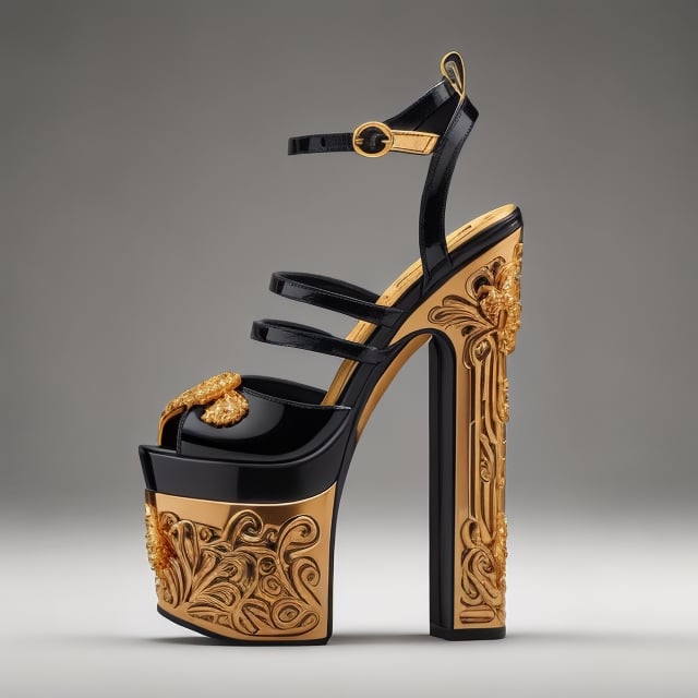 🏷️【neo-baroque_design】+【ornate_jeweled, golden_ornamental, intricated_golden_details, ornated_filigree_leaves】

Technical and formal description of a women's high-heeled platform sneaker.

The image shows a women's high heel and platform sneaker with a contemporary and sophisticated design. The sneaker is made from high-end materials and features an impeccable finish.

Platform

The platform has a height of 5 centimeters, which provides a moderate height increase. The shape of the platform is rectangular with rounded edges, giving it an elegant and feminine look. The top surface of the platform is polished for a glossy and reflective finish, giving it a luxurious and sophisticated look. The bottom surface of the platform has a rough texture to provide traction and prevent slipping.

The material used for the platform is a high-density thermoplastic polymer (PTD). PTD is a tough, durable material that is easy to clean. In addition, PTD is a lightweight material, which helps make the shoe comfortable to wear.

Heel

The heel has a height of 15 centimeters, which provides a significant height increase. The shape of the heel is stiletto, which gives it a sleek and sophisticated look. The heel is made of a high quality metal alloy (AMHC). AMHC is a tough and durable material that is capable of withstanding heavy loads. In addition, AMHC is a lightweight material, which helps make the heel more comfortable to wear.

The heel features an embossed floral design, made using a high-precision embossing process. The floral design is composed of a series of stylized flowers that run the entire length of the heel. The floral design is hand-painted with metallic pigments, giving it a luxurious and sophisticated look.

Upper

The upper of the sneaker is made from a highly flexible and resilient synthetic polymer (PSFR). PSFR is a tough and durable material that is capable of withstanding heavy loads. In addition, PSFR is a lightweight material, which helps make the shoe more comfortable to wear.

The front of the shoe is open, leaving the toes exposed. The back of the shoe has a buckle closure at the ankle, allowing for a customized fit. The buckle closure is made of genuine leather, giving it a luxurious and sophisticated look.