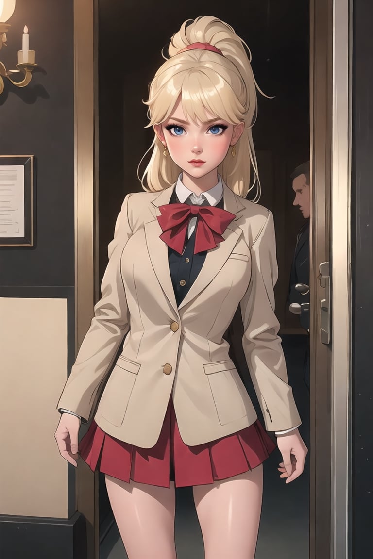 Blonde, Ponytail, bangs, Blonde, Christmas Event, Merry Christmas, Imagine a Christmas Scene, where Eris Etolia is in front of us; shes apoliging to us because an inconvenient; sad, ashamed, she looks sad becaus of bad news, 

([Daylight:1.00) Young Lady, Eris Etolia, Blonde, Ponytail, Blue Eyes, She's in front of us, with an alluring attitude; at outdoors,, city envoroment She looks like a stunning lady teenybopper, brat, 

Outfit: Schoolar Uniform, Blazer, Mini Skirt, Loafers, Lower Socks,

💡 **Additional Enhancers:** ((High-Quality)), ((Aesthetic)), ((Masterpiece)), (Intricate Details), Coherent Shape, (Stunning Illustration), [Dramatic Lightning],Christmas Room