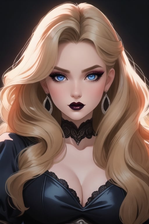 🏷️[Looking at the Viewer, MakeUp, close up, long hair, Upper Body, Earrings, Wavy Hair, Retro Artstyle, ((1980s \(style\))), Eyeshadow, Eyelashes, (((Glowing))), (Red Lips), Sky, blood, Simple Background, Breast, French Clivage]
🏷️[Baroque, Castlevania Style, Vampie, Goth, Dress]
🏷️[(Eris Etolia), Blonde long hair, Blue Eyes, Pale Skin]

((High-Quality)), ((Aesthetic)), ((Masterpiece)), (Intricate Details), Coherent Shape, (Stunning Illustration), Black, ,Goth Portrait, Masterpiece, Castlevania Lightning, Vampire, Portrait, Gothic Art,line,SD 1.5,girl