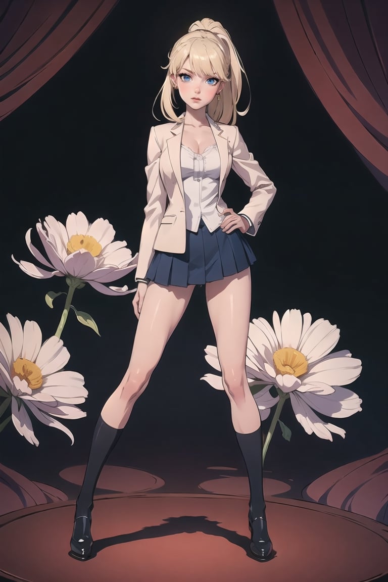 ((Teenager at High school)) Schoolar unform, high School vibes, student, Eris Etolia Queen, Fitted Blazer: Uniform skirt, V-Neck Blouse:, The knee-high socks Footwear is heeled loafers. 

🏷️【Blonde ponytail, Blue Eyes,Tall, very tall, long legs, tight legs, thing legs, narrow hips, Eris Etolia, Blonde,】
💡 **Additional Enhancers:** ((High-Quality)), ((Aesthetic)), ((Masterpiece)), (Intricate Details), Coherent Shape, (Stunning Illustration), [Dramatic Lightning],