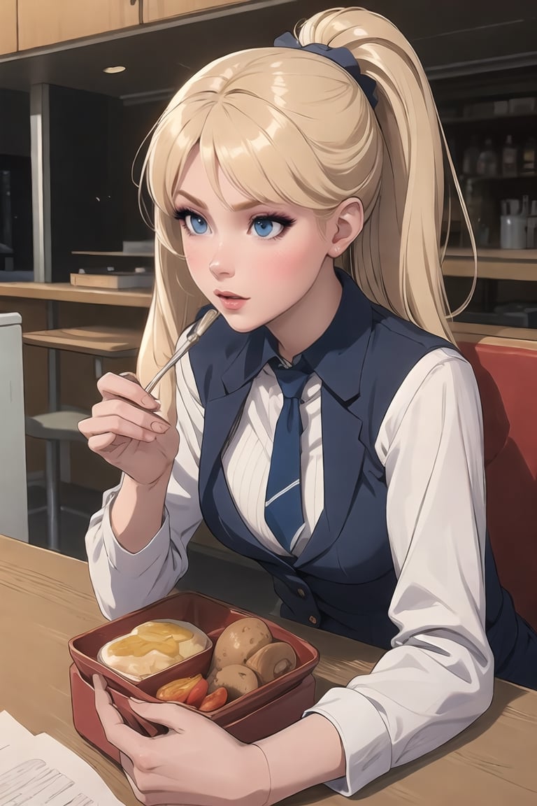 Shoolar cafeteria enviromental Themed; She's sitted eating a heatly breakfast.

([Daylight:1.00) Young Lady, Eris Etolia, Blonde, Ponytail, Blue Eyes, She's in front of us, with an alluring attitude; at outdoors,, city envoroment She looks like a stunning lady teenybopper, brat, 

Outfit: Schoolar Uniform, Blazer, Mini Skirt, Loafers, Lower Socks, Dark navy Blue Uniform,

💡 **Additional Enhancers:** ((High-Quality)), ((Aesthetic)), ((Masterpiece)), (Intricate Details), Coherent Shape, (Stunning Illustration), [Dramatic Lightning]