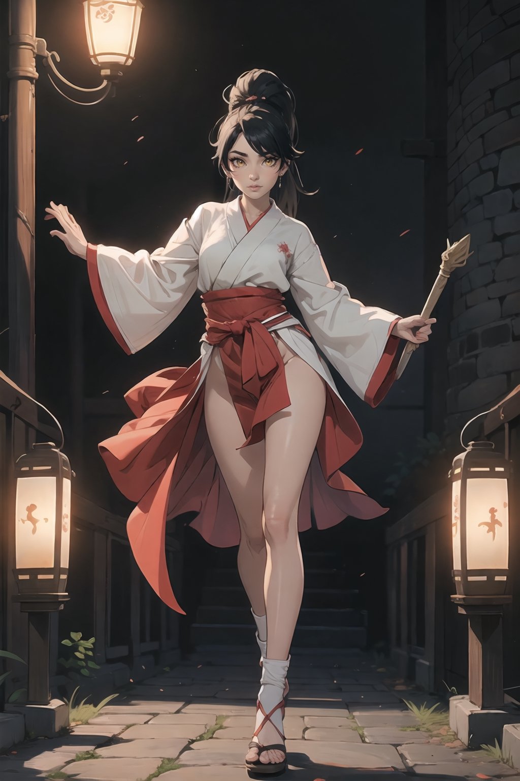 DOAMomiji(Black Hair, Long Ponytail, Hazel Eyes).

The setting is enveloped in the soft glow of lantern light, casting gentle shadows that dance across the meticulously raked gravel pathways.

She is adorned in her traditional Miko attire, a vibrant ensemble that exudes both elegance and sensuality. The Miko's attire is accented by a crimson obi tied securely around her waist, its rich hue contrasting beautifully against the purity of her garment. A pair of elegant tabi socks adorn her feet, while a pair of lacquered geta sandals add a subtle elevation to her stature.


💡 **Additional Enhancers:** ((High-Quality)), ((Aesthetic)), ((Masterpiece)), (Intricate Details), Coherent Shape, (Stunning Illustration), [Dramatic Lightning],midjourney,