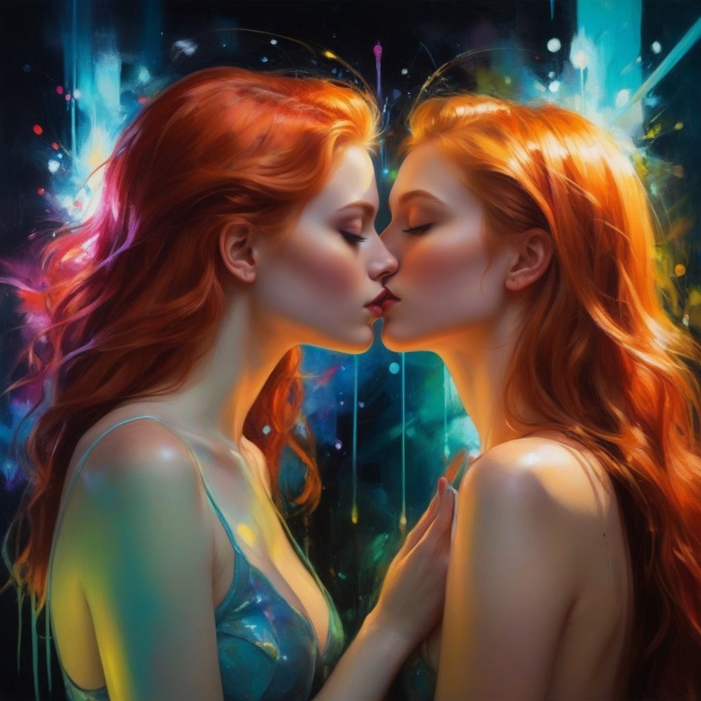 ((cum)), cum explosion, cum splash, pov, two 18-year old innocent redhead girls kissing , neon-light, dark cell, fluoroscent painting impresionism art, (inspired by Anna Razumovskaya, Anna Dittmann, Andrew Atroshenko, Android Jones, Anna Bocek:1.4)