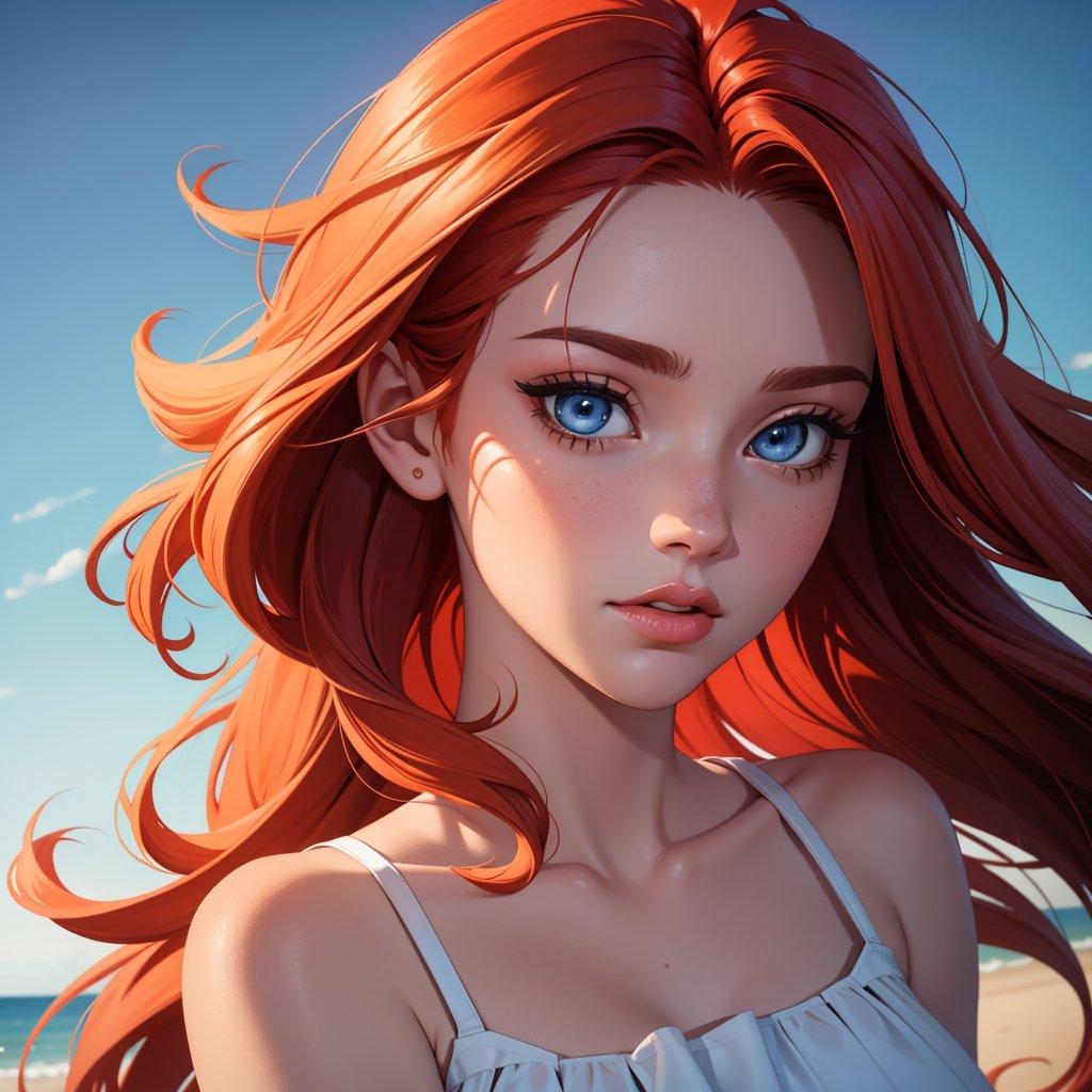 Masterpiece, best quality, hi res, 8k, hi res, 8k, windy weather portrait, Protrait, photography, art by Cyril Rolando, upper half body, beautiful hot redhead girl face 17 year old,ginger, petite, hot face, oval jaw, delicate features, beautiful face, bright blue eyes, Anna Razumovskaya art,sensual look, 