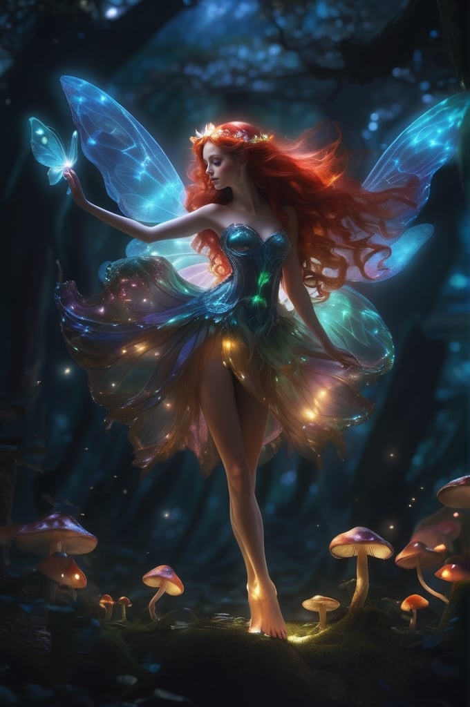 masterpiece,brave,  sweet,long legs, redhead, dancing, something that doesn't exist, mysterious, legendary, luminescent  fairy made of bright warm light ,big fairy wings made of light ,  (among  psylocybin mushroom), astral fairy, perfect hands, full body, beautiful  fairy q fairy magnificent, dark background luminescented by fairy's light, , beautiful fairy, faerie, magic fairy forest, enchanted with nature spirit, ,psylocybin, mushrooms ,forest fairy, faeries, forest fae, the fairy queen, beautiful fairies, portrait of a fairy, beautiful faery sorceress