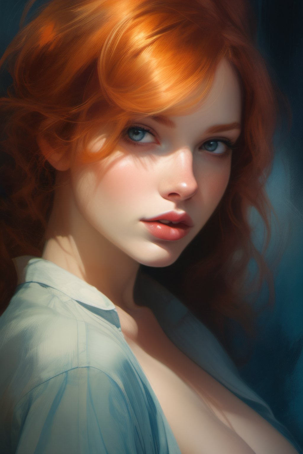 close up, AS-YoungV2,REDHEAD,Masterpiece, best quality, hi res, 8k, PERFECT HANDS, THIGH GAP, LEANING FORWARD, FACING TO THE VIEWER, award winning Protrait, photography, art by Ashley Wood,  upper half body, tits, beautiful baby girl face 18 y.o. ,ginger, petite, cute face,  oval jaw, delicate features, beautiful face,  lusty lips, bright blue eyes, Anna Dittmann art, a medium breast, sensual look,  seductive, alluring, enticing,  provocative, sexually  shirt, naked shirt, shirt tug shirt tug , face, present face, facing to a viewer,shirt