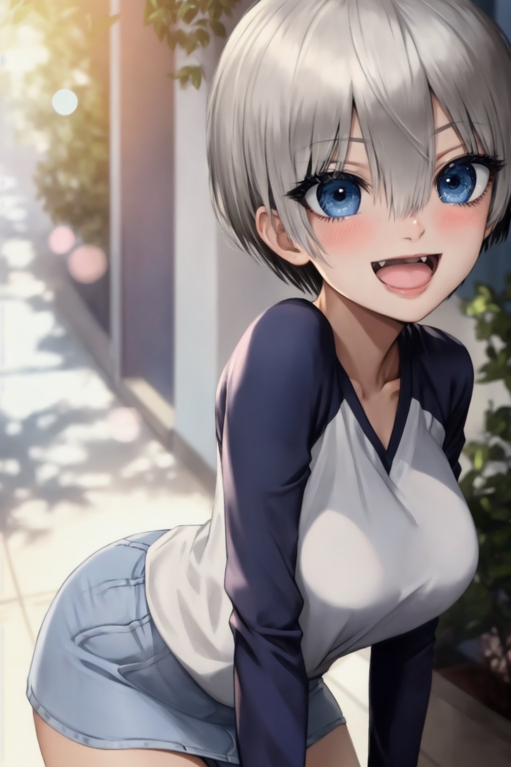 masterpiece, best quality, (detailed background), (beautiful detailed face, beautiful detailed eyes), absurdres, highres, ultra detailed, masterpiece, best quality, detailed eyes, blue-eyes, silver hair, hair bangs, alluring, open mouth, neck bone, at a university, (bokeh:1.1), depth of field, looking_at_viewer, Uzaki hana, pov_eye_contact, silver hair, fair complexion, pink lips, kinki, alluring, light skin, blue iris, smirk, bob hairstyle, hair bangs, long-sleeve shirt with the words sugoi dekai printed on the front, denim short light blue skirt, black leggins, medium_breasts, black nape hair, perfecteyes, perfecteyes, posing, laughing, upper_body, blushing, kissing, giving kiss, laughing out loud, hands on cheeks