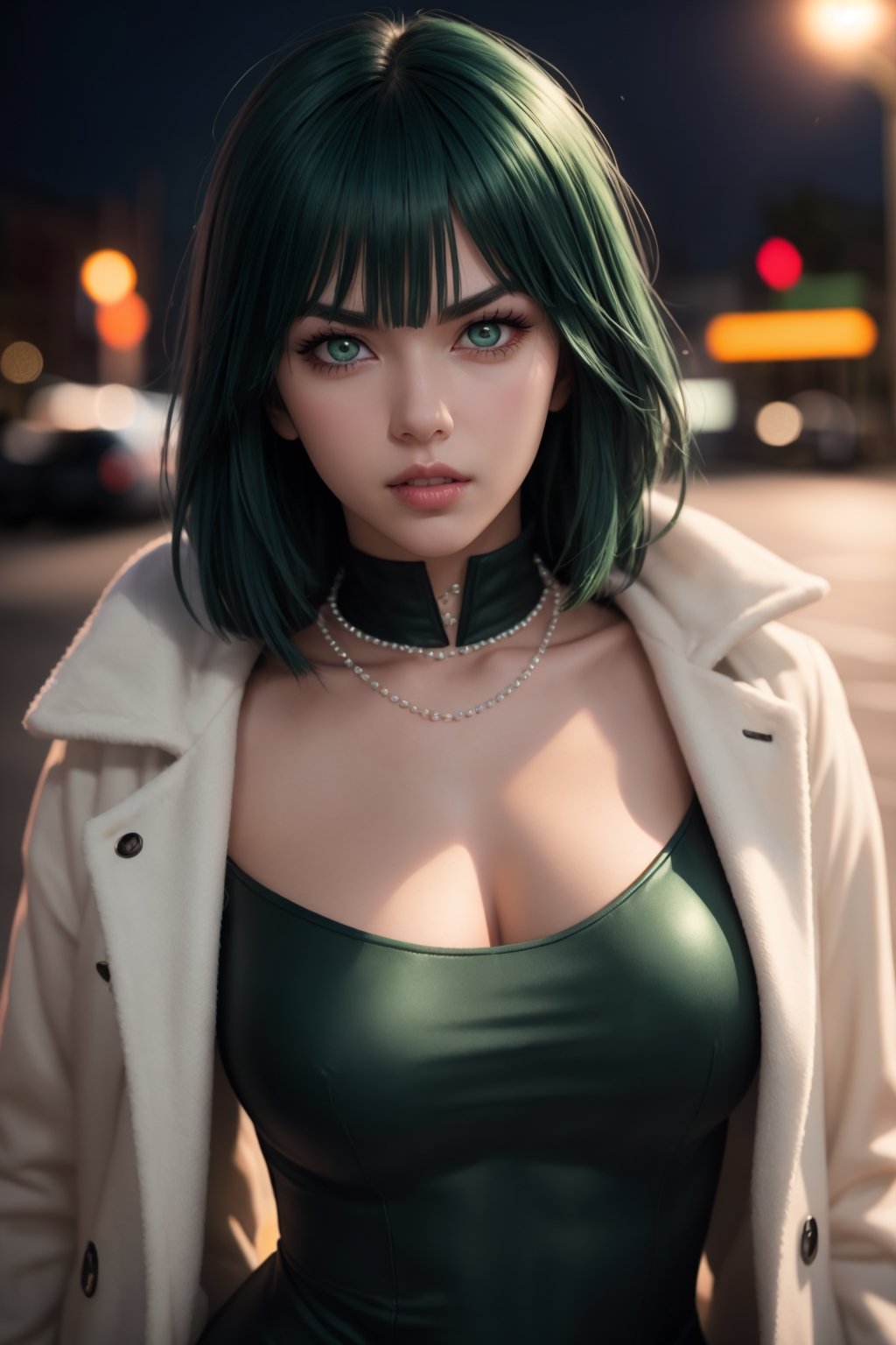 masterpiece, best quality, (detailed background), (beautiful detailed face, beautiful detailed eyes), absurdres, highres, ultra detailed, masterpiece, best quality, detailed eyes, green_eyes, green hair, alluring, open mouth, neck bone, at the city, midnight, cyberpunk scene, neon lights, light particles, (bokeh:1.1), depth of field, looking_at_viewer, pov_eye_contact, dark green hair, fair complexion, pink lips, curvy figure, chin-length, dark green hair with a fringe styled into a bob, and her eyes are light green, dark green form-fitting V-neck dress with a high collar, thigh-high black boots and several white pearl necklaces, frown, fubuki, one punch man, perfecteyes, smirk, frown, white furr coat, anime posing, pantyhose