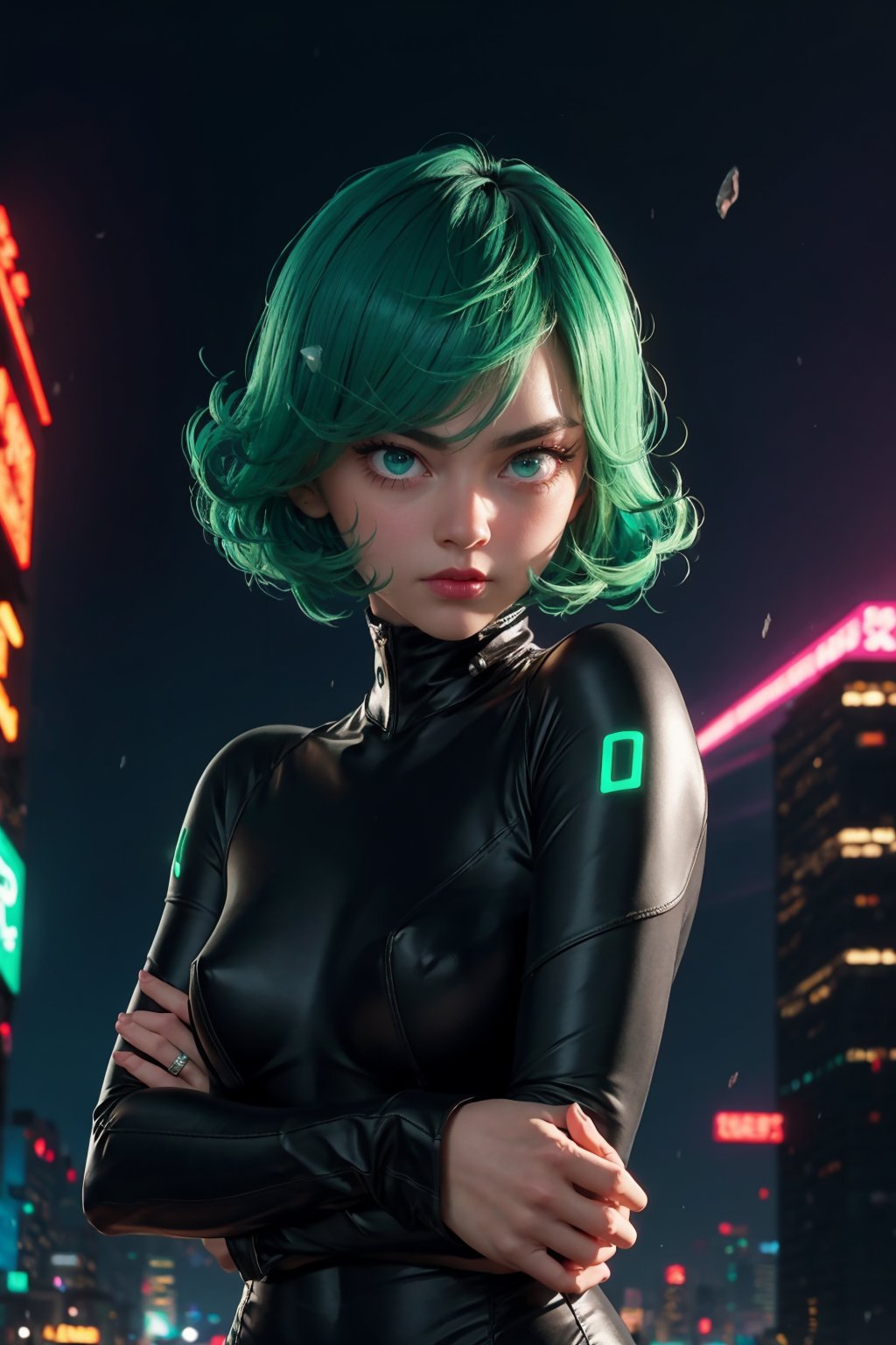 masterpiece, best quality, (detailed background), (beautiful detailed face, beautiful detailed eyes), absurdres, highres, ultra detailed, masterpiece, best quality, detailed eyes, frown, green_eyes, green hair, crossed_arms, folded arms, floating, black green tight dress, long_sleeves, high collar, ,asian girl, full body, sexy pose, alluring, erotic pose, pouty mouth, seductive, kinky, close-fitting clothing, neck bone, at the city , midnight, cyberpunk scene, neon lights, wind vfx, green lightning, light particles, electric, dj theme, synthwave theme, (bokeh:1.1), depth of field, wind powers, tornado, close up shot