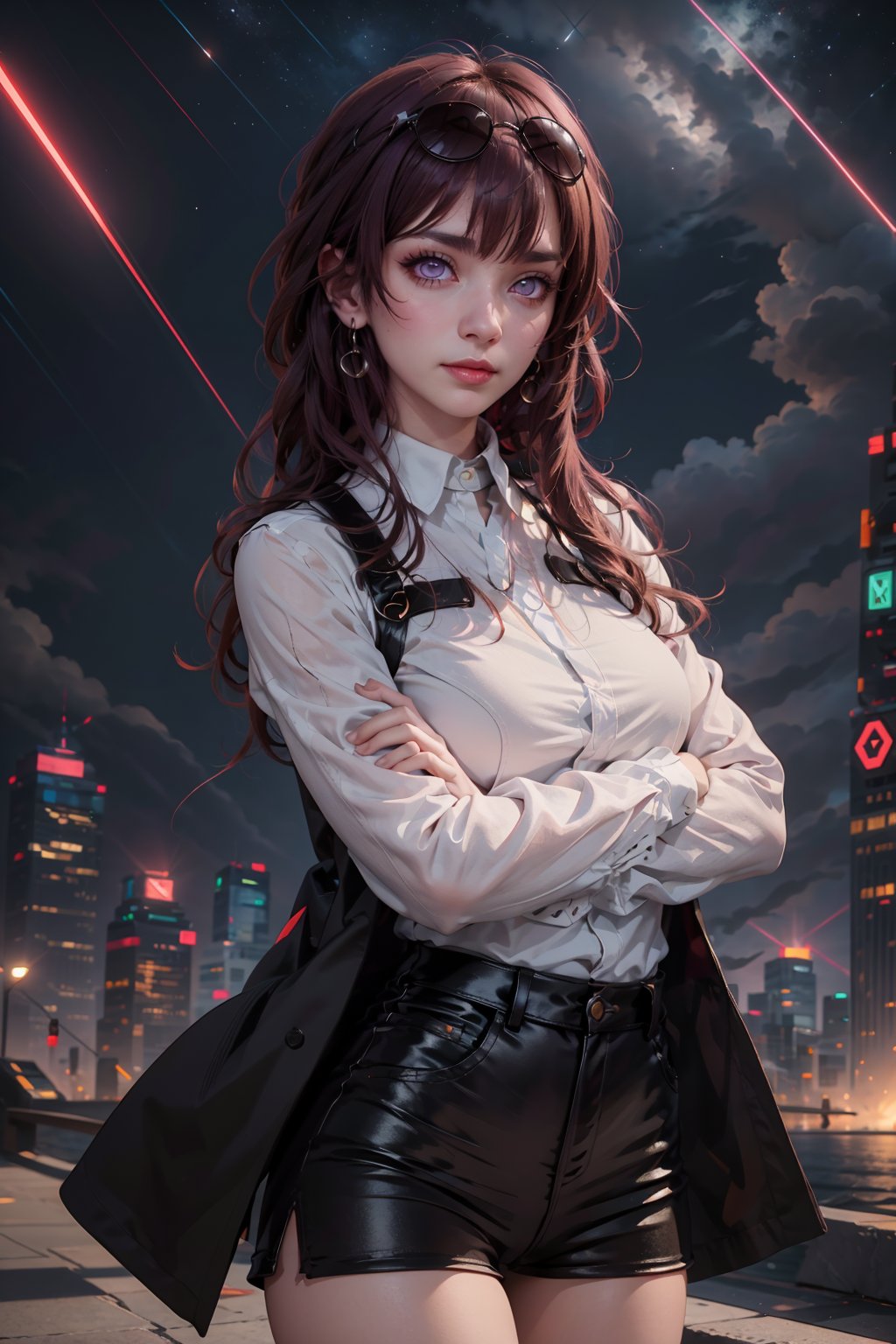 masterpiece, best quality, (detailed background), (beautiful detailed face, beautiful detailed eyes), absurdres, highres, ultra detailed, masterpiece, best quality, detailed eyes, frown, light_purple_eyes, purple hair, long hair, arms_crossed, folded arms,high collar, asian girl, upper body, sexy pose, alluring, neck bone, space background, cyberpunk scene, neon lights, upper body, close shot, vfx purple lightnings, eyes, collared shirt, shorts, sunglasses, eyewear on head, solo, pantyhose, black shorts, coat, long sleeves,Kafka(hsr), closed mouth smile