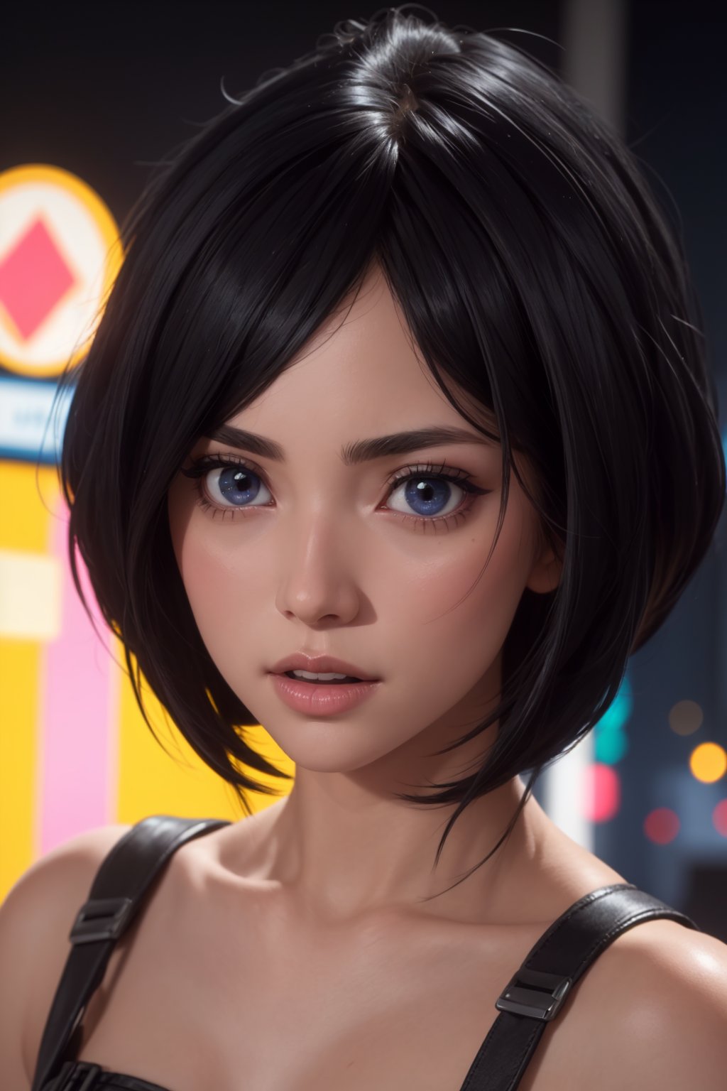 masterpiece, best quality, (detailed background), (beautiful detailed face, beautiful detailed eyes), absurdres, highres, ultra detailed, masterpiece, best quality, detailed eyes, blue_eyes, black hair, alluring, open mouth, neck bone, at the city , midnight, cyberpunk scene, neon lights, lightning, light particles, electric, dj theme, synthwave theme, (bokeh:1.1), depth of field, looking_at_viewer, pov_eye_contact, black hair, fair complexion, pink lips, kinki, light skin, several strands of hair always hanging between her eyes, purple iris, wearing  fingerless white tekkō, bob haircut