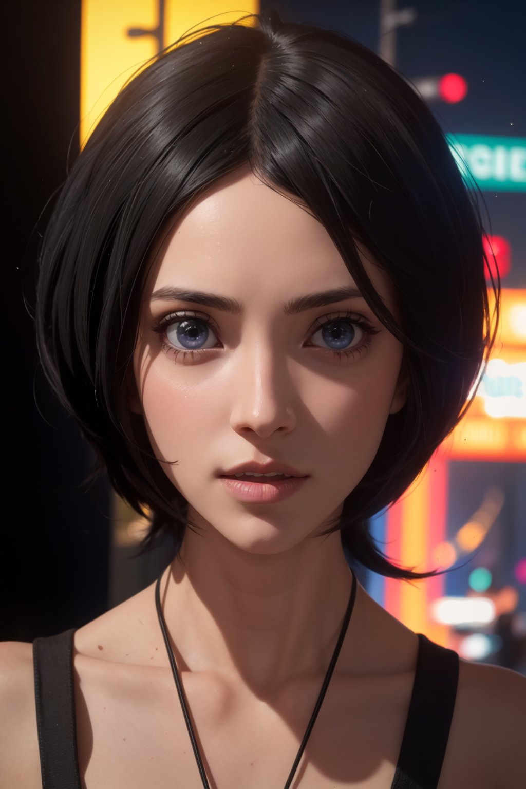 masterpiece, best quality, (detailed background), (beautiful detailed face, beautiful detailed eyes), absurdres, highres, ultra detailed, masterpiece, best quality, detailed eyes, blue_eyes, black hair, alluring, closed mouth, neck bone, at the city , midnight, cyberpunk scene, neon lights, lightning, light particles, electric, dj theme, synthwave theme, (bokeh:1.1), depth of field, looking_at_viewer, pov_eye_contact, black hair, fair complexion, pink lips, kinki, light skin, several strands of hair always hanging between her eyes, purple iris, wearing  fingerless white tekkō, bob haircut, smirk