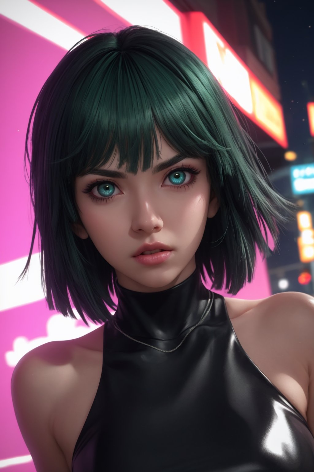 masterpiece, best quality, (detailed background), (beautiful detailed face, beautiful detailed eyes), absurdres, highres, ultra detailed, masterpiece, best quality, detailed eyes, green_eyes, green hair, alluring, close mouth, neck bone, at the city, midnight, cyberpunk scene, neon lights, lightning, light particles, electric, dj theme, synthwave theme, (bokeh:1.1), depth of field, looking_at_viewer, pov_eye_contact, dark green hair, fair complexion, pink lips, kinki, black thight dress, kissing, frown,fubuki\(one punch man\)