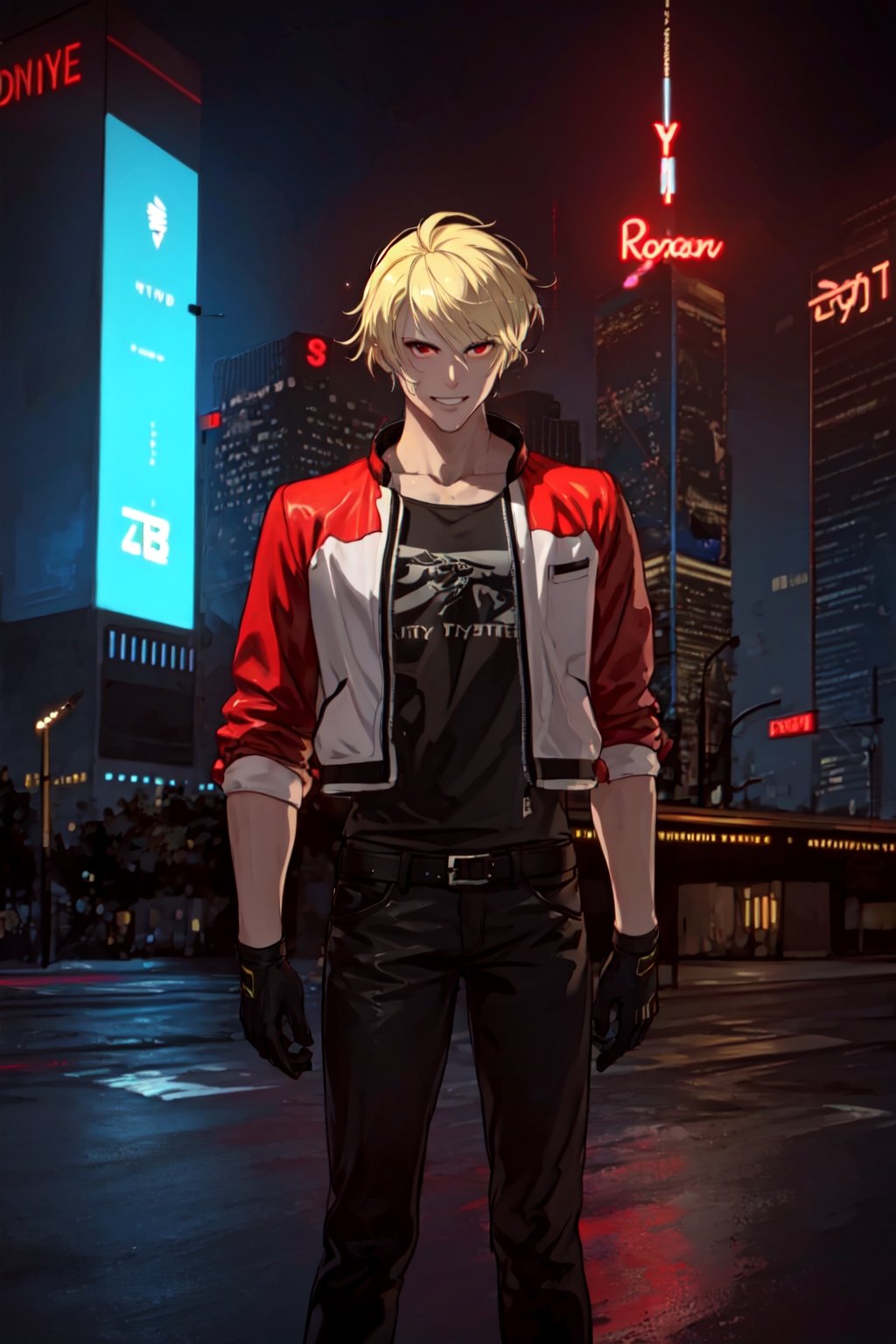 masterpiece, best quality, (detailed background), (beautiful detailed face, beautiful detailed eyes), absurdres, highres, ultra detailed, masterpiece, best quality, detailed eyes, 1 man, man, red_eyes, blonde hair, closed mouth, neck bone, at the city, midnight, cyberpunk scene, neon lights, lightning, light particles, electric, dj theme, synthwave theme, (bokeh:1.1), depth of field, looking_at_viewer, pov_eye_contact, red, black and white leather jacket, Under the jacket, black t-shirt with short sleeves, sports black gloves, black leather pants and black shoes., smirk, RockHoward