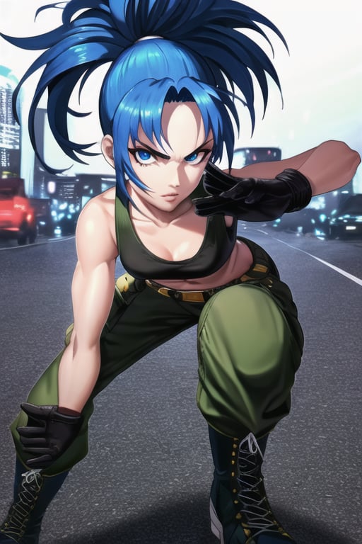 masterpiece, best quality, (detailed background), (beautiful detailed face, beautiful detailed eyes), absurdres, highres, ultra detailed, masterpiece, best quality, detailed eyes, solo, Leona, From King of Fighters, bright blue hair, long hair, Spiky pony tail, Green Cargo pants, black crop top, black gloves, in the city, midnight, neon lights, serious face, small waist, combat boots, parted_lips, marked abs, upper_body, fighting pose
