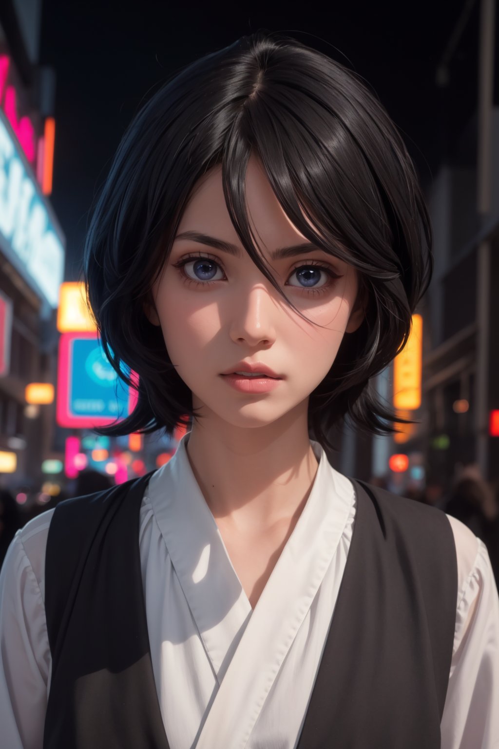 masterpiece, best quality, (detailed background), (beautiful detailed face, beautiful detailed eyes), absurdres, highres, ultra detailed, masterpiece, best quality, detailed eyes, blue_eyes, black hair, alluring, closed mouth, neck bone, at the city , midnight, cyberpunk scene, neon lights, lightning, light particles, electric, dj theme, synthwave theme, (bokeh:1.1), depth of field, looking_at_viewer, pov_eye_contact, black hair, fair complexion, pink lips, kinki, light skin, several strands of hair always hanging between her eyes, purple iris, wearing Shihakusho is composed of a white shitagi, a black kosode, a black hakama, a white hakama-himo, white tabi and waraji  , bob haircut, serious, frown