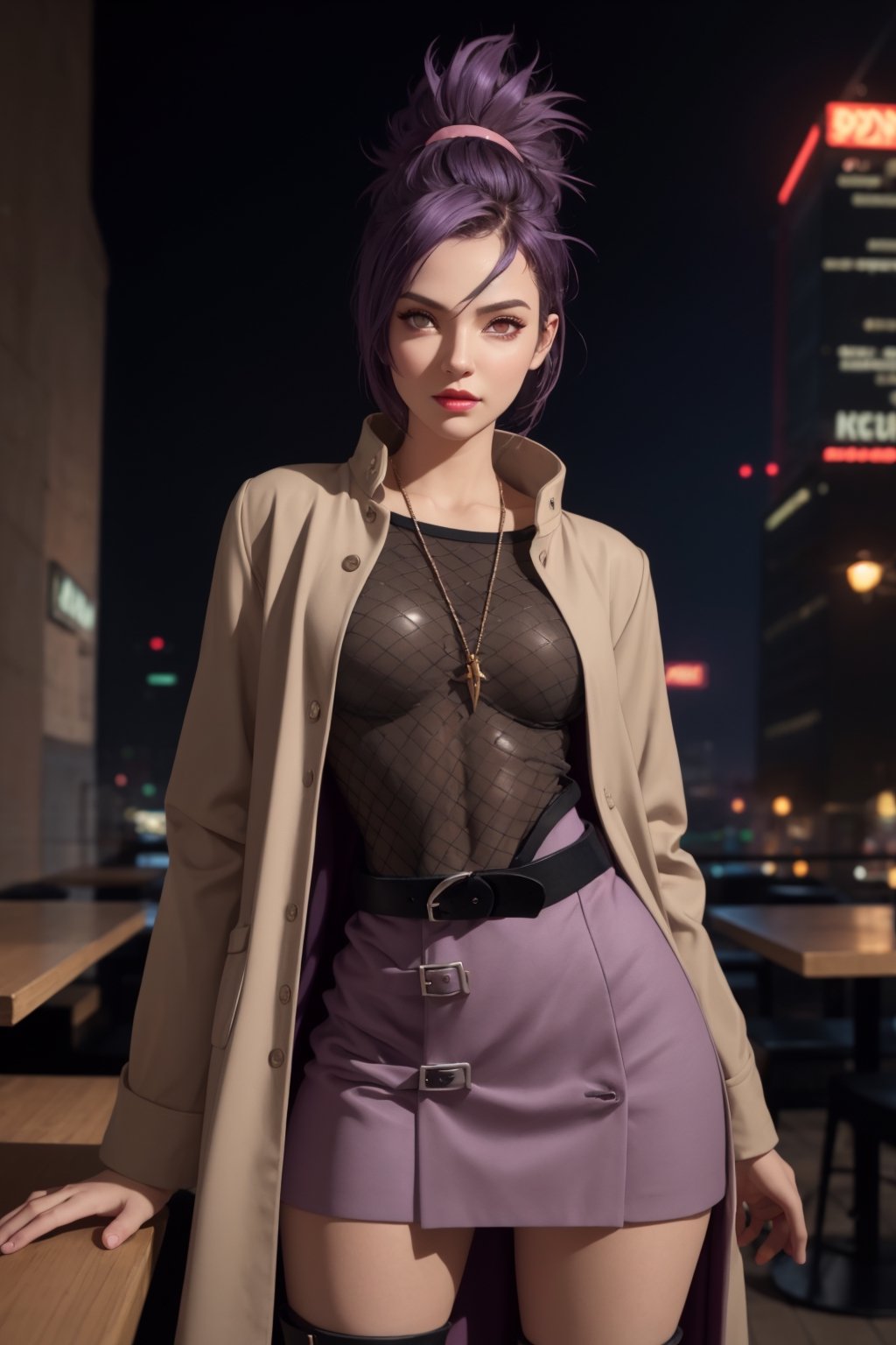 masterpiece, best quality, (detailed background), (beautiful detailed face, beautiful detailed eyes), absurdres, highres, ultra detailed, masterpiece, best quality, detailed eyes, brown_eyes, violet hair, alluring, closed mouth, neck bone, at a restaurant, midnight, cyberpunk scene, neon lights, lightning, light particles, electric, dj theme, synthwave theme, (bokeh:1.1), depth of field, looking_at_viewer, pov_eye_contact, violet hair, fair complexion, pink lips, kinki, light skin, erotic, styled in a short spiky fanned-out ponytail, custom-made outfit that is crafted of thin metal mesh to fit the lines of her body that covers her from neck to thigh, wears a tan overcoat with a purple in-seam and a pocket on each side, a dark orange mini-skirt, a dark blue belt, and pale grey shin guards. In addition to the typical forehead protector, she also wears a small pendant that looks like a snake fang.