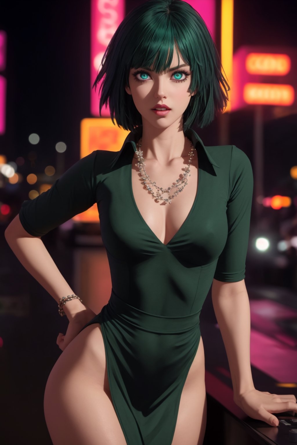 masterpiece, best quality, (detailed background), (beautiful detailed face, beautiful detailed eyes), absurdres, highres, ultra detailed, masterpiece, best quality, detailed eyes, green_eyes, green hair, alluring, open mouth, neck bone, at the city, midnight, cyberpunk scene, neon lights, lightning, light particles, electric, dj theme, synthwave theme, (bokeh:1.1), depth of field, looking_at_viewer, pov_eye_contact, dark green hair, fair complexion, pink lips, frown,fubuki\(one punch man\), curvy figure, chin-length, dark green hair with a fringe styled into a bob, and her eyes are light green, dark green form-fitting V-neck dress with a high collar, thigh-high black boots and several white pearl necklaces, smirk, model pose