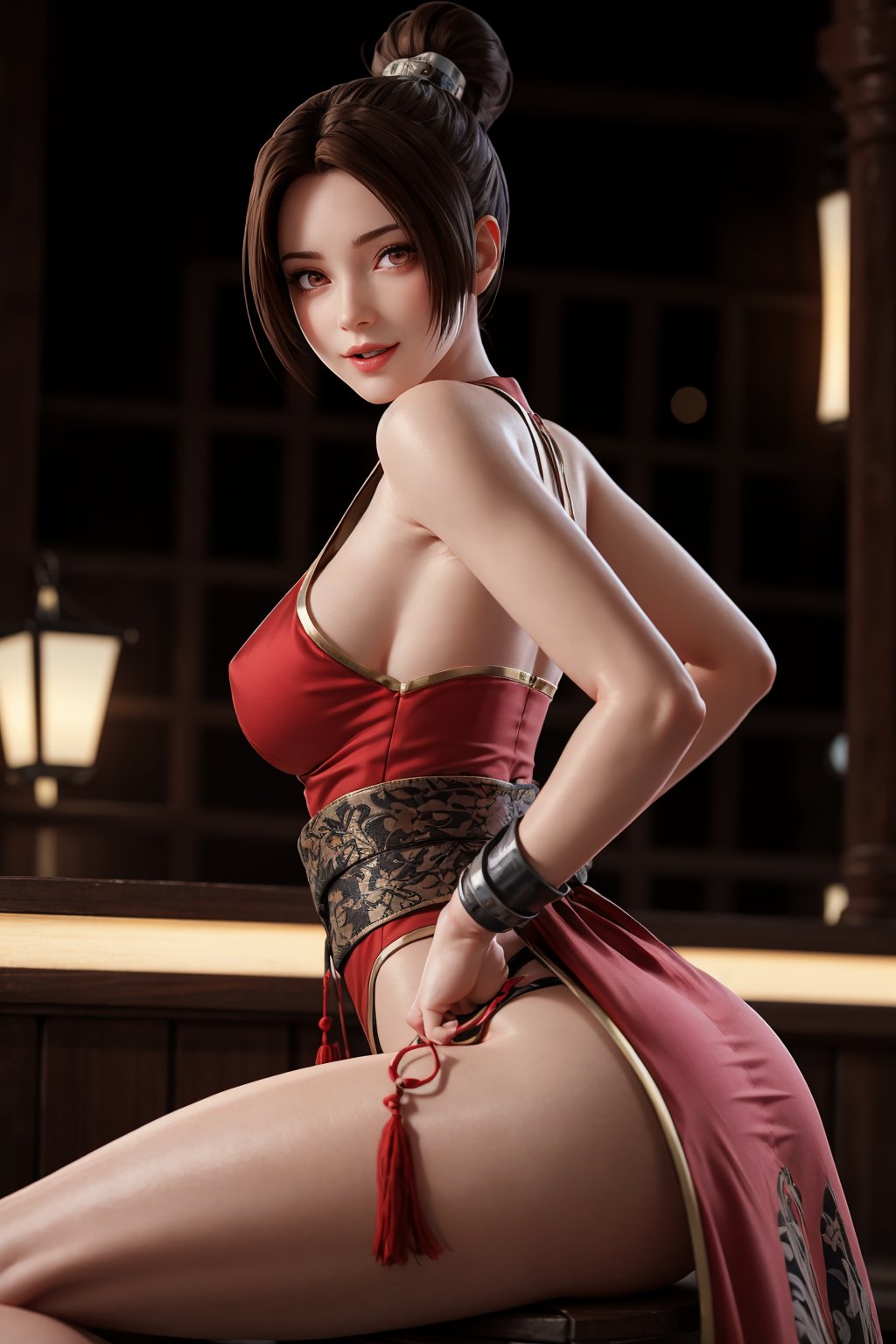 masterpiece, best quality, (detailed background), (beautiful detailed face, beautiful detailed eyes), absurdres, highres, ultra detailed, masterpiece, best quality, detailed eyes, brown_eyes, brown hair, crossed_arms, folded arms, ,asian girl, upper body, neck bone, at the city, midnight, cyberpunk scene, neon lights, red and white kunoichi ninja dress, red tassels, at the back that are fastened to an obi around her waist, circular white ropes secured around her shoulders, red and black colored tabi, smile, marked abs, cowboy_shot, sitting, crossed_legs, from behind, mouth open,guiltys