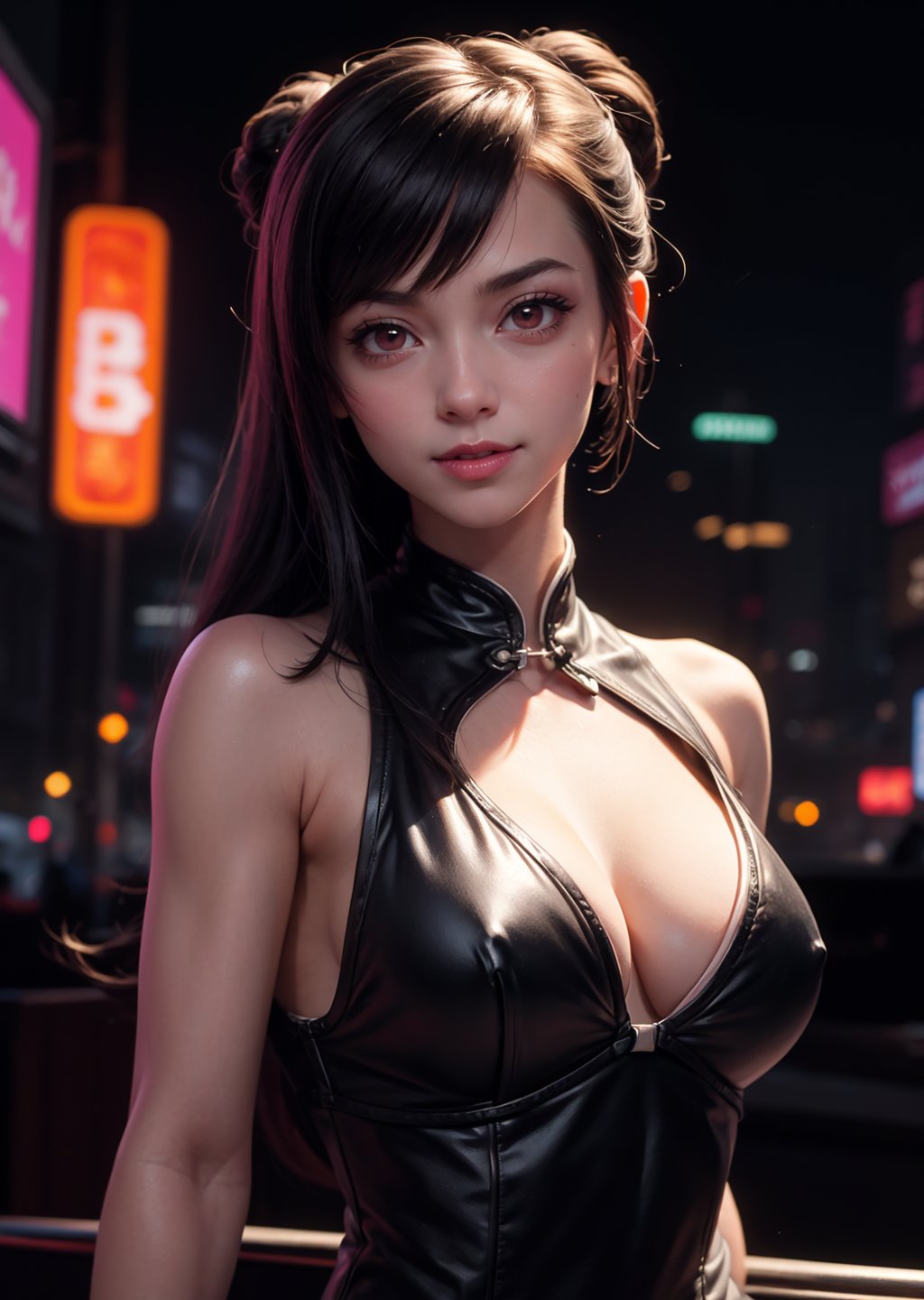 masterpiece, best quality, (detailed background), (beautiful detailed face, beautiful detailed eyes), absurdres, highres, ultra detailed, masterpiece, best quality, detailed eyes, upper body, 1_girl, red eyes, cyberpunk scene, Tifa, Final Fantasy 7 game, dark hair, pink lips, neck bone, messy cut, blunt bangs, red eyes, wearing silver qipao, buns hairstyle, midnight, at the city streeys, sexy pose, model pose, alluring pose, smile, marked abs, marked lower abs, well toned body, upper_body, looking_at_viewer, arms_raised, Close-fitting, ;), winking, wink, mouth_open, drinking with a straw ,SF2 CHUN 