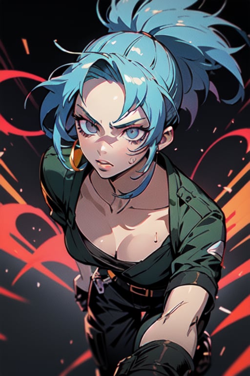 masterpiece, best quality, (detailed background), (beautiful detailed face, beautiful detailed eyes), absurdres, highres, ultra detailed, masterpiece, best quality, detailed eyes, solo, Leona, From King of Fighters, bright blue hair, long hair, Spiky pony tail, Green Cargo pants, black crop top, black gloves, in the city, midnight, neon lights, serious face, small waist, combat boots, sweating, perfect body, see trough clothes, parted_lips, marked abs, upper_body