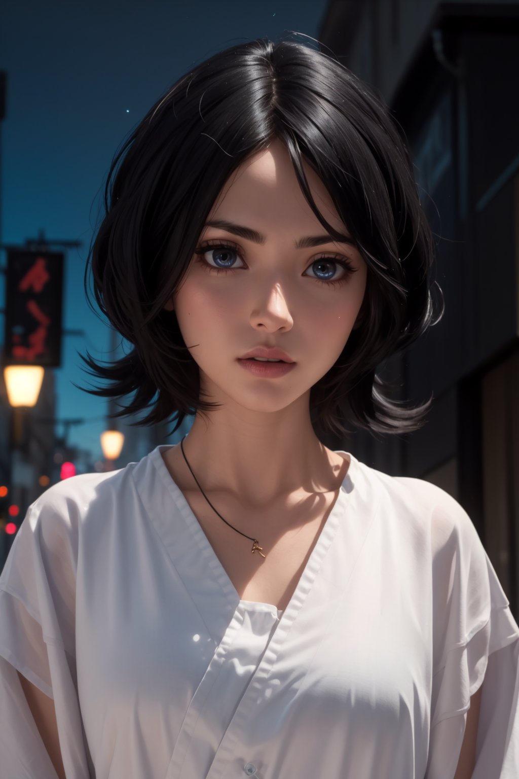 masterpiece, best quality, (detailed background), (beautiful detailed face, beautiful detailed eyes), absurdres, highres, ultra detailed, masterpiece, best quality, detailed eyes, blue_eyes, black hair, alluring, closed mouth, neck bone, at the city , midnight, cyberpunk scene, neon lights, lightning, light particles, electric, dj theme, synthwave theme, (bokeh:1.1), depth of field, looking_at_viewer, pov_eye_contact, black hair, fair complexion, pink lips, kinki, light skin, several strands of hair always hanging between her eyes, purple iris, wearing Shihakusho is composed of a white shitagi, a black kosode, a black hakama, a white hakama-himo, white tabi and waraji  , bob haircut, serious, frown, mad 