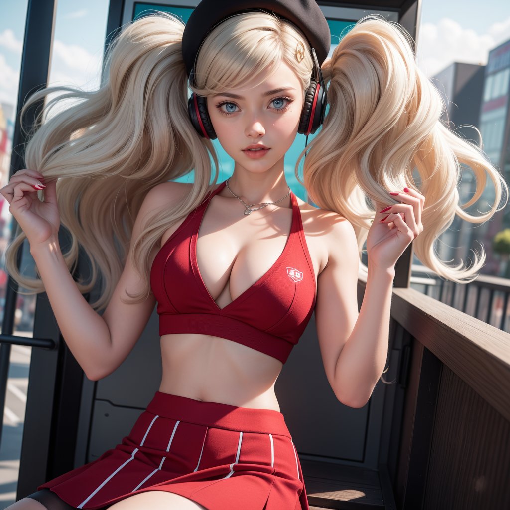 masterpiece, best quality, (detailed background), (beautiful detailed face, beautiful detailed eyes), absurdres, highres, ultra detailed, masterpiece, best quality, detailed eyes, takamaki anne, persona 5 game, solo, jewelry, swept bangs, medium breasts, earrings, blue eyes, hair ornament, platinum blonde hair, upper body, 1girl, parted lips, twintails, hairclip, long hair, cleavage, stud earrings, at shibuya, black red skirt with square pattern, red crop top sweater, expose midriff, fishnet stockings, red sneakers, pair of silver headphones, black hat