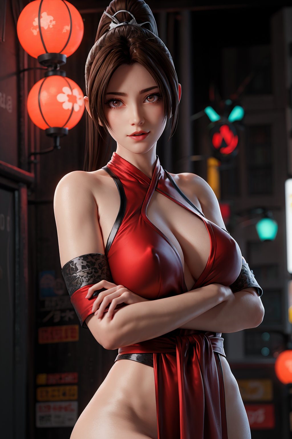 masterpiece, best quality, (detailed background), (beautiful detailed face, beautiful detailed eyes), absurdres, highres, ultra detailed, masterpiece, best quality, detailed eyes, brown_eyes, brown hair, crossed_arms, folded arms, ,asian girl, upper body, neck bone, at the city, midnight, cyberpunk scene, neon lights, red and white kunoichi dress, red tassels, at the back that are fastened to an obi around her waist, circular white ropes secured around her shoulders, red and black colored tabi