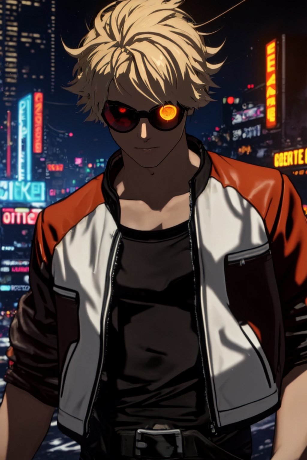 masterpiece, best quality, (detailed background), (beautiful detailed face, beautiful detailed eyes), absurdres, highres, ultra detailed, masterpiece, best quality, detailed eyes, 1 man, man, red_eyes, blonde hair, closed mouth, neck bone, at the city, midnight, cyberpunk scene, neon lights, lightning, light particles, electric, dj theme, synthwave theme, (bokeh:1.1), depth of field, looking_at_viewer, pov_eye_contact, red, black and white leather jacket, Under the jacket black t-shirt with short sleeves, fingerless_gloves, black leather pants and black shoes, serious, RockHoward
