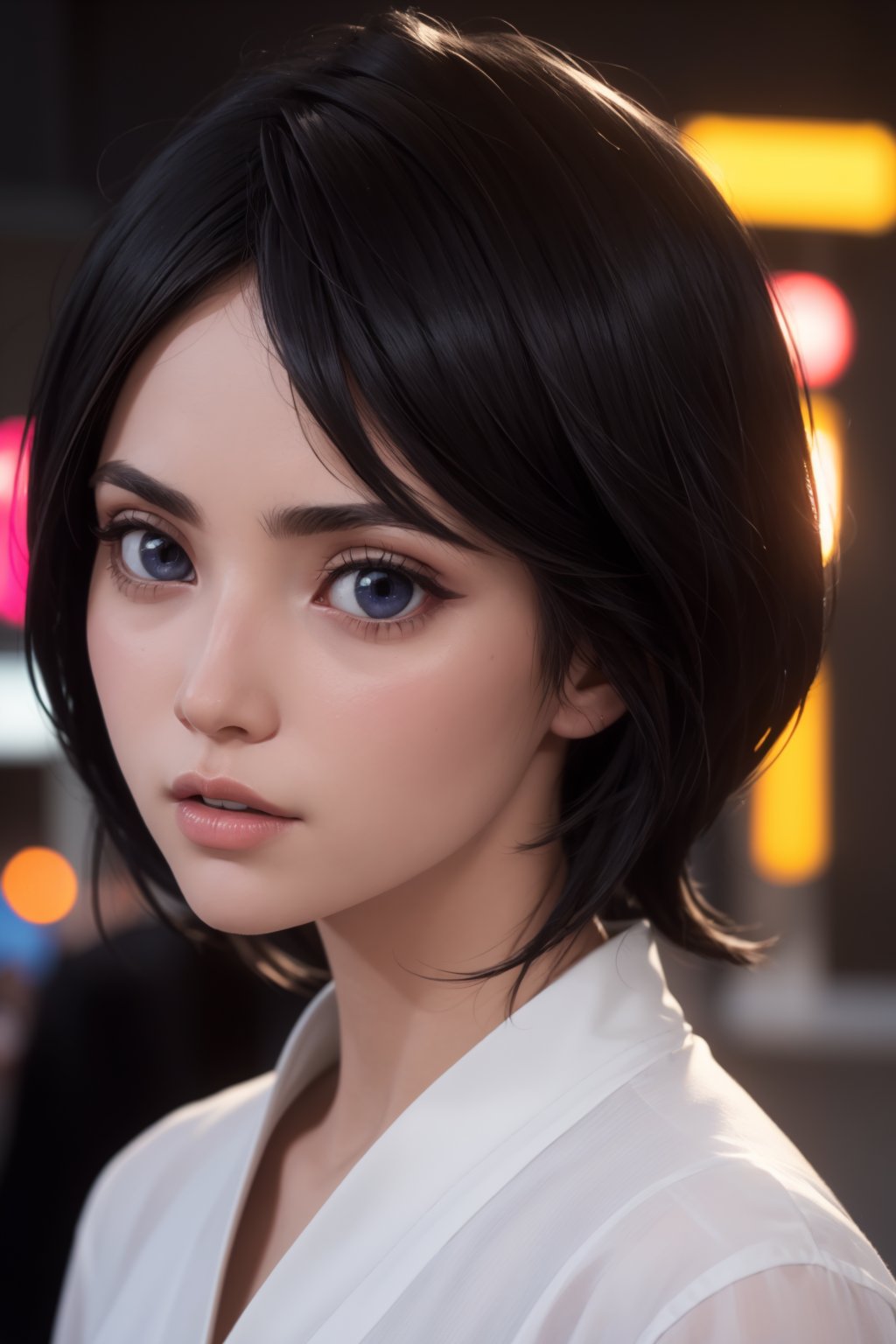 masterpiece, best quality, (detailed background), (beautiful detailed face, beautiful detailed eyes), absurdres, highres, ultra detailed, masterpiece, best quality, detailed eyes, blue_eyes, black hair, alluring, closed mouth, neck bone, at the city , midnight, cyberpunk scene, neon lights, lightning, light particles, electric, dj theme, synthwave theme, (bokeh:1.1), depth of field, looking_at_viewer, pov_eye_contact, black hair, fair complexion, pink lips, kinki, light skin, several strands of hair always hanging between her eyes, purple iris, wearing Shihakusho is composed of a white shitagi, a black kosode, a black hakama, a white hakama-himo, white tabi and waraji  , bob haircut, serious, frown, smirk, model pose