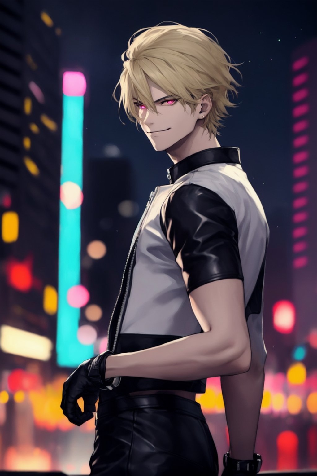 masterpiece, best quality, (detailed background), (beautiful detailed face, beautiful detailed eyes), absurdres, highres, ultra detailed, masterpiece, best quality, detailed eyes, 1 man, man, red_eyes, blonde hair, closed mouth, neck bone, at the city, midnight, cyberpunk scene, neon lights, lightning, light particles, electric, dj theme, synthwave theme, (bokeh:1.1), depth of field, looking_at_viewer, pov_eye_contact, red, black and white leather jacket with a star a the back, Under the jacket black t-shirt with short sleeves, fingerless_gloves, black leather pants and black shoes, serious, RockHoward, smirk, from behind, 1 hand on waist, full_body