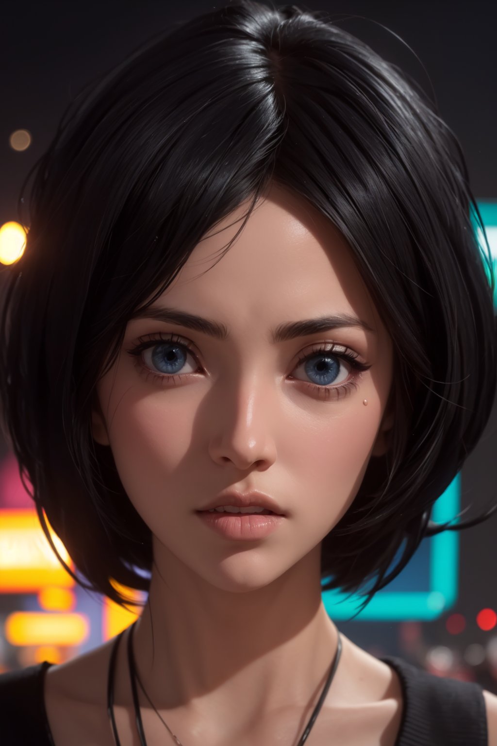 masterpiece, best quality, (detailed background), (beautiful detailed face, beautiful detailed eyes), absurdres, highres, ultra detailed, masterpiece, best quality, detailed eyes, blue_eyes, black hair, alluring, open mouth, neck bone, at the city , midnight, cyberpunk scene, neon lights, lightning, light particles, electric, dj theme, synthwave theme, (bokeh:1.1), depth of field, looking_at_viewer, pov_eye_contact, black hair, fair complexion, pink lips, kinki, light skin, several strands of hair always hanging between her eyes, 
