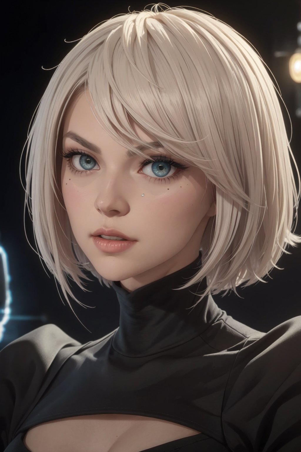 masterpiece, best quality, (detailed background), (beautiful detailed face, beautiful detailed eyes), absurdres, highres, ultra detailed, masterpiece, best quality, detailed eyes, grey-eyes, green hair, alluring, closed mouth, neck bone, at the bed room, midnight, cyberpunk scene, neon lights, lightning, light particles, electric, dj theme, synthwave theme, (bokeh:1.1), depth of field, looking_at_viewer, pov_eye_contact, silver hair, fair complexion, pink lips, kinki, light skin, grey iris, serious, frown, smirk, 2 type b, black dress