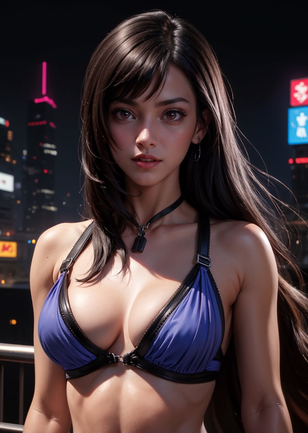 masterpiece, best quality, (detailed background), (beautiful detailed face, beautiful detailed eyes), absurdres, highres, ultra detailed, masterpiece, best quality, detailed eyes, upper body, 1_girl, red eyes, cyberpunk scene, Tifa, Final Fantasy 7 game, dark hair, pink lips, neck bone, messy cut, blunt bangs, red eyes, short blue dress, midnight, at the city, sexy pose, model pose, alluring pose, mouth open, arked abs, marked lower abs, well toned body, upper_body 