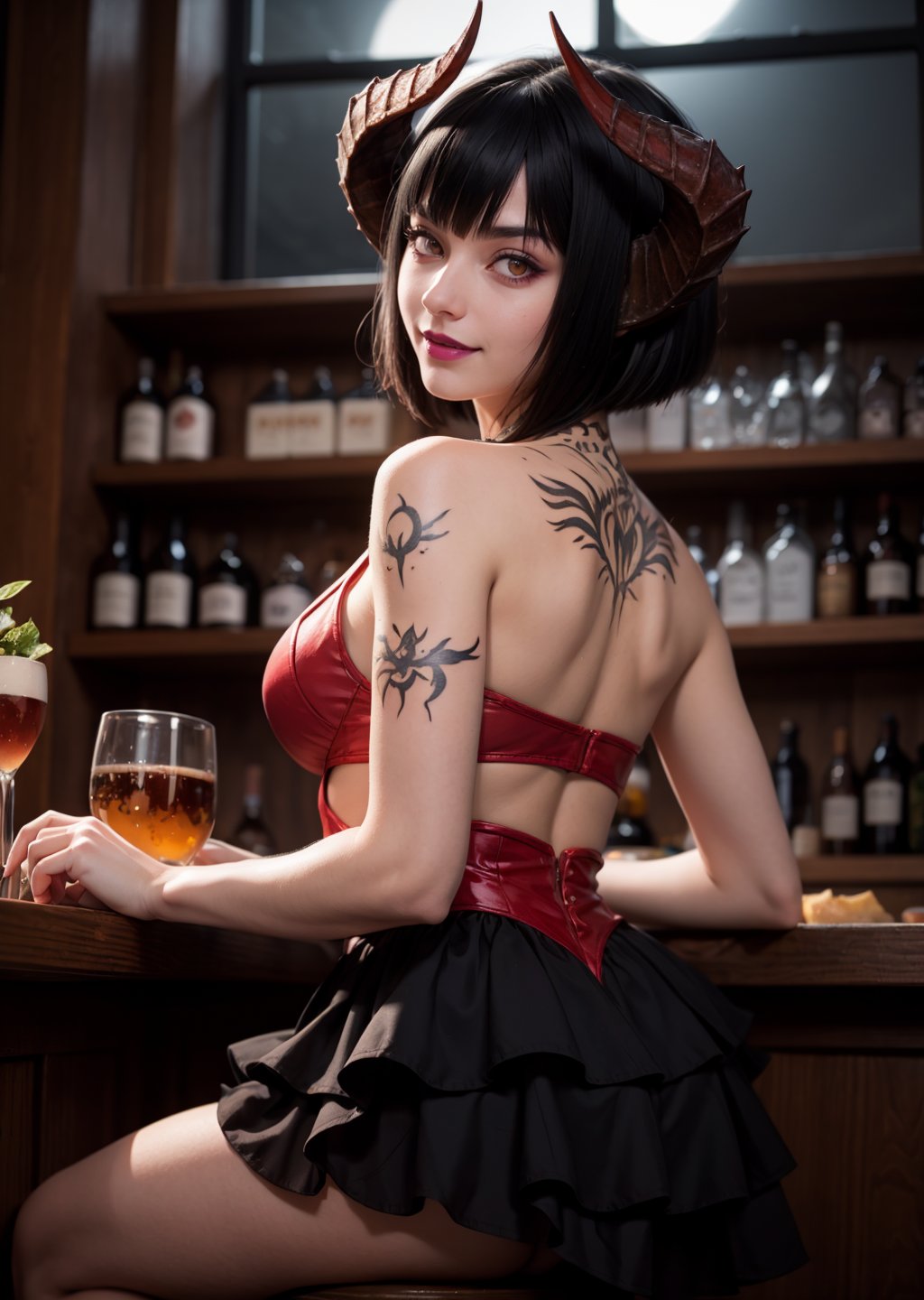 masterpiece, best quality, (detailed background), (beautiful detailed face, beautiful detailed eyes), absurdres, highres, ultra detailed, masterpiece, best quality, detailed eyes, 1_girl, pink lips, neck bone, red-eyes, midnight, at the bar, nighttime, night, alluring, marked v, marked lower abs, marked abs, upper body, mouth_closed, smile, black hair,eliza, pale-skinned, vampire, black hair, short bob hairstyle, long bangs, scrolling black tattoo between her shoulder blades, red horns, gothic lolita dress, panty_hose, red high heels, pov_eye_contact, smile, looking_at_viewer, from front, medium_breasts, sitting_down, viewed_from_behind, crossed_legs_(sitting) 