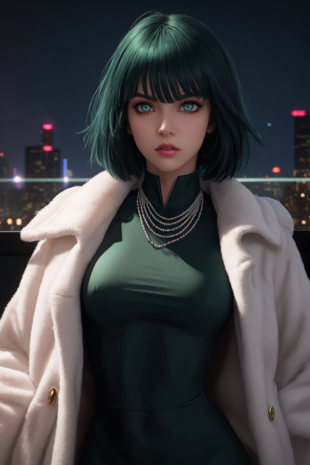 masterpiece, best quality, (detailed background), (beautiful detailed face, beautiful detailed eyes), absurdres, highres, ultra detailed, masterpiece, best quality, detailed eyes, green_eyes, green hair, alluring, close mouth, neck bone, at the city, midnight, cyberpunk scene, neon lights, lightning, light particles, electric, dj theme, synthwave theme, (bokeh:1.1), depth of field, looking_at_viewer, pov_eye_contact, dark green hair, fair complexion, pink lips, kinki, kissing, frown,fubuki\(one punch man\), curvy figure, chin-length, dark green hair with a fringe styled into a bob, and her eyes are light green. Her main attire consists of a long white fur coat, a dark green form-fitting V-neck dress with a high collar, thigh-high black boots and several white pearl necklaces