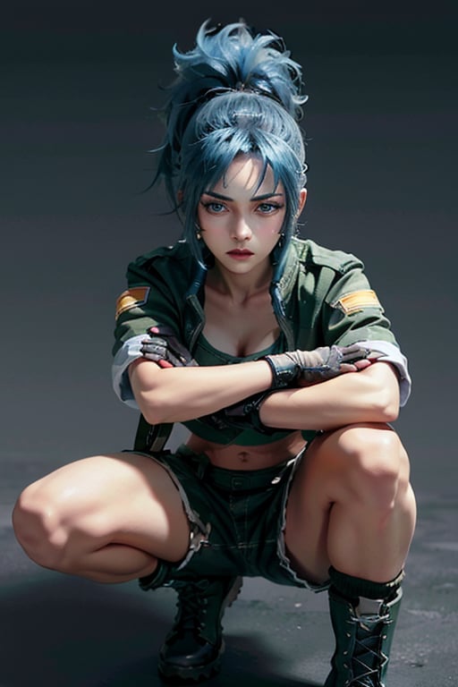 masterpiece, best quality, (detailed background), (beautiful detailed face, beautiful detailed eyes), absurdres, highres, ultra detailed, masterpiece, best quality, detailed eyes, frown,1girl, leona heidern, blue hair, gloves, blue eyes, ponytail, boots, shorts, green shorts, midriff, crop top, black gloves, breasts, military uniform, green jacket, combat boots, earrings, jewelry, navel, large breasts, crossed_arms, folded arms, upper_body, military base background