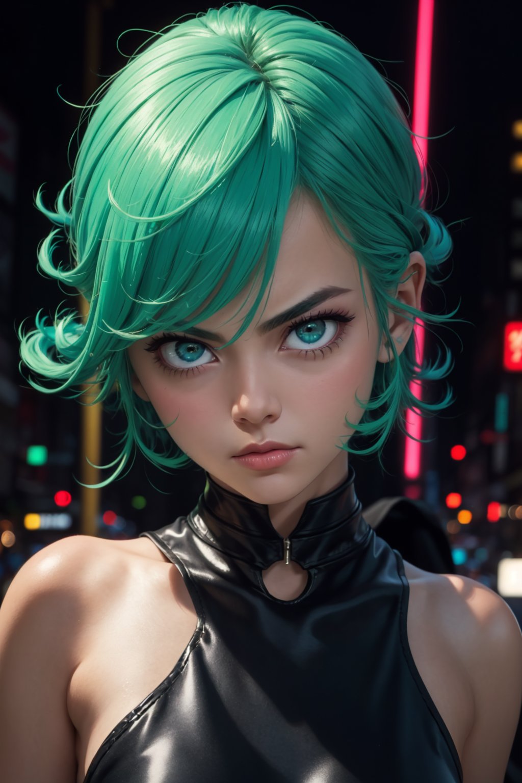 masterpiece, best quality, (detailed background), (beautiful detailed face, beautiful detailed eyes), absurdres, highres, ultra detailed, masterpiece, best quality, detailed eyes, green_eyes, green hair, alluring, close mouth, neck bone, at the city, midnight, cyberpunk scene, neon lights, lightning, light particles, electric, dj theme, synthwave theme, (bokeh:1.1), depth of field, looking_at_viewer, pov_eye_contact, green hair, fair complexion, pink lips, frown, pouty face, black thight dress, blushing, smirk, model posing, :), SINON1, full_body