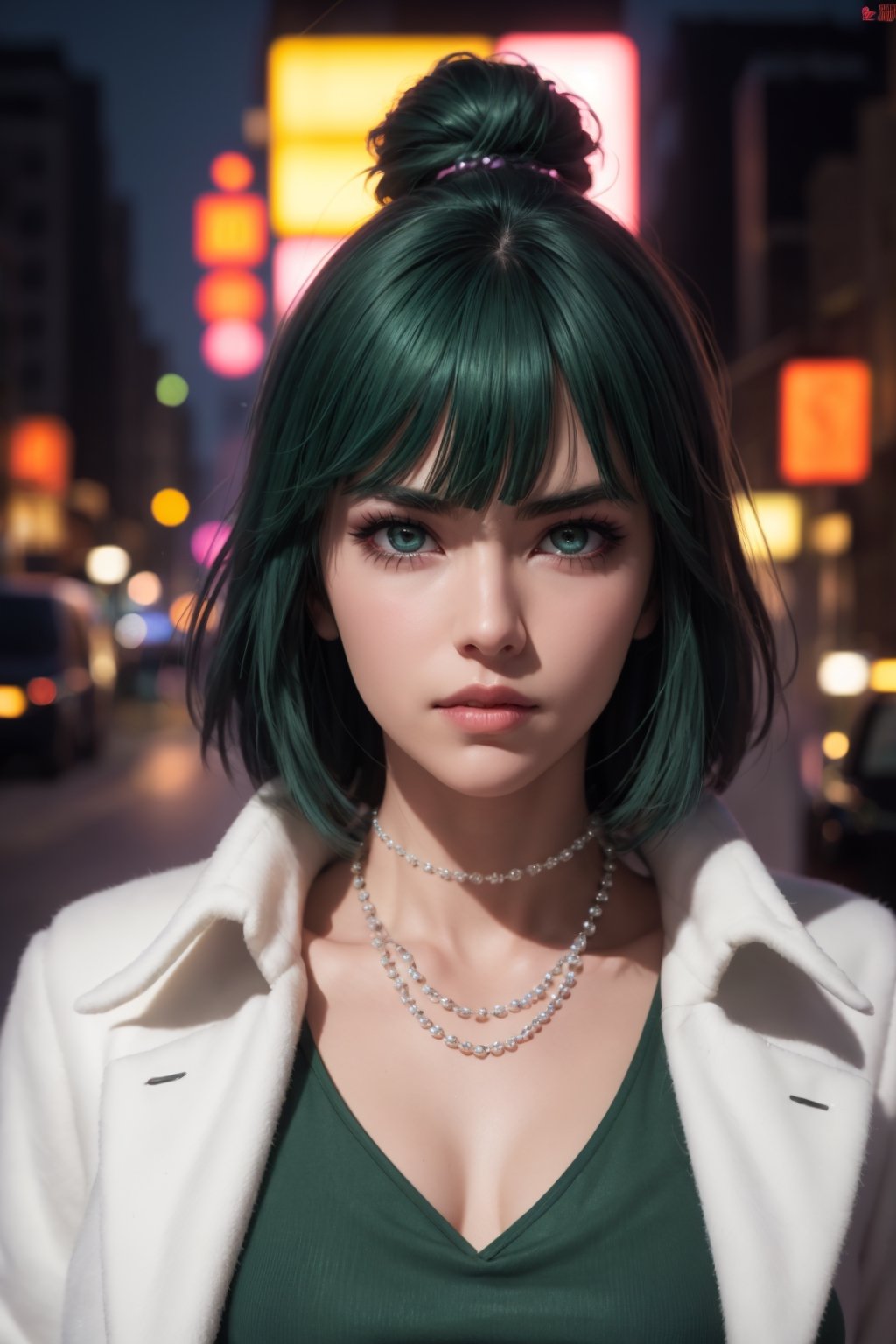 masterpiece, best quality, (detailed background), (beautiful detailed face, beautiful detailed eyes), absurdres, highres, ultra detailed, masterpiece, best quality, detailed eyes, green_eyes, green hair, alluring, open mouth, neck bone, at the city, midnight, cyberpunk scene, neon lights, light particles, (bokeh:1.1), depth of field, looking_at_viewer, pov_eye_contact, dark green hair, fair complexion, pink lips, curvy figure, chin-length, dark green hair with a fringe styled into a bob, and her eyes are light green, dark green form-fitting V-neck dress with a high collar, thigh-high black boots and several white pearl necklaces, frown, arms_crossed, arms_folded,fubuki, one punch man, perfecteyes, smirk, frown, white furr coat, arms_crossed, anime posing, pantyhose