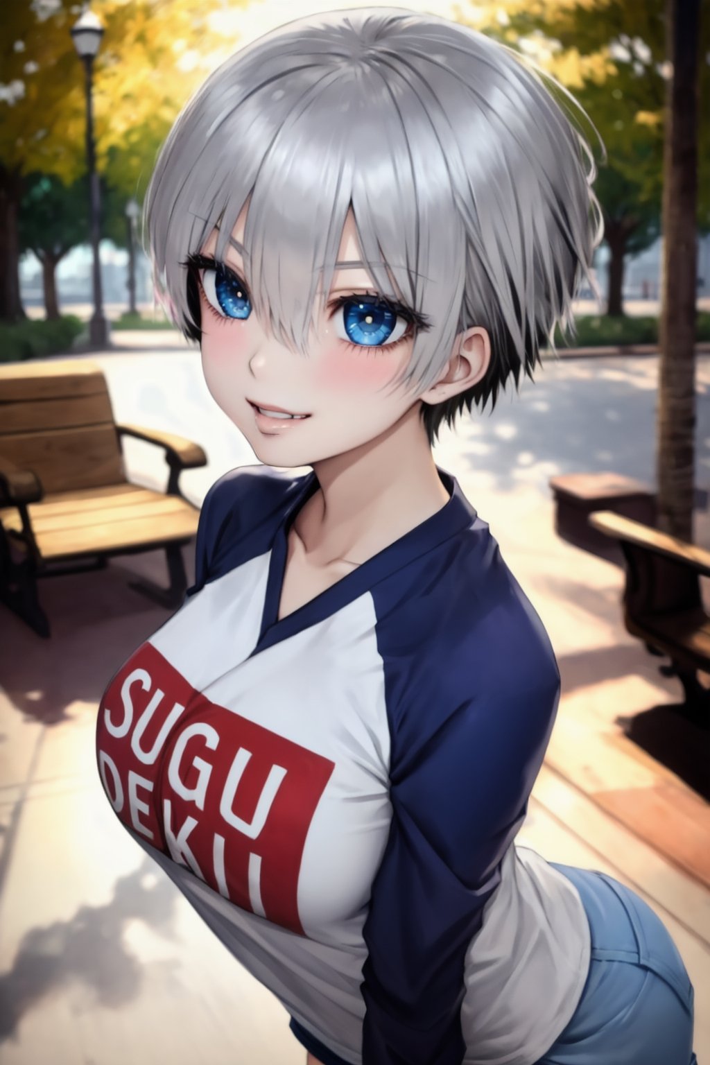 masterpiece, best quality, (detailed background), (beautiful detailed face, beautiful detailed eyes), absurdres, highres, ultra detailed, masterpiece, best quality, detailed eyes, blue-eyes, silver hair, hair bangs, alluring, open mouth, neck bone, at a park, (bokeh:1.1), depth of field, looking_at_viewer, Uzaki hana, pov_eye_contact, silver hair, fair complexion, pink lips, kinki, alluring, light skin, blue iris, smirk, kissing, bob hairstyle, hair bangs, long-sleeve shirt with the words sugoi dekai printed on the front, denim short light blue skirt, panty_hose, medium_breasts, black nape hair, perfecteyes, finger on mouth